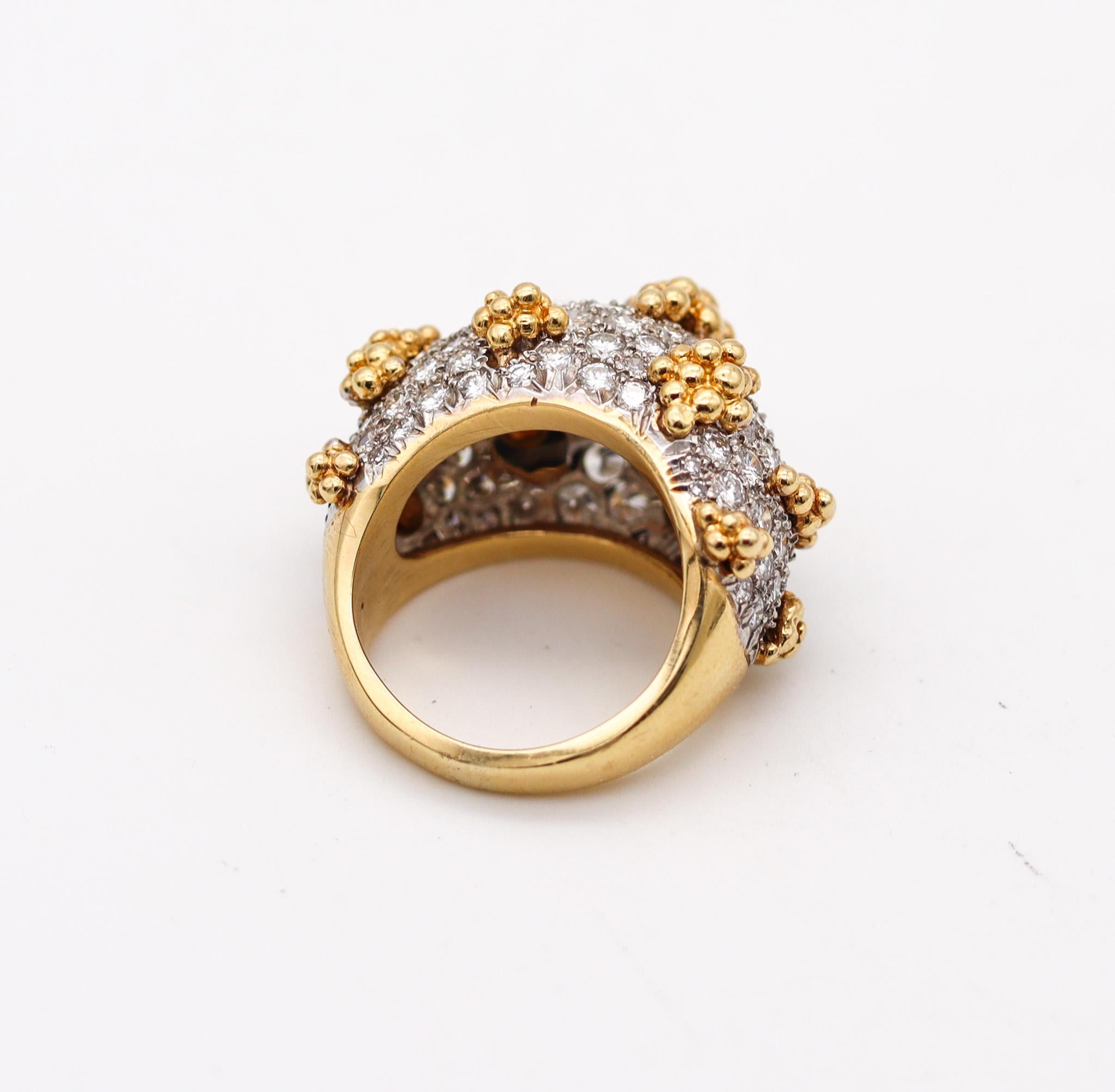 Brilliant Cut Italian Mid Century Bombe Cocktail Ring 18Kt Gold Platinum With 5.30 Ctw Diamond For Sale