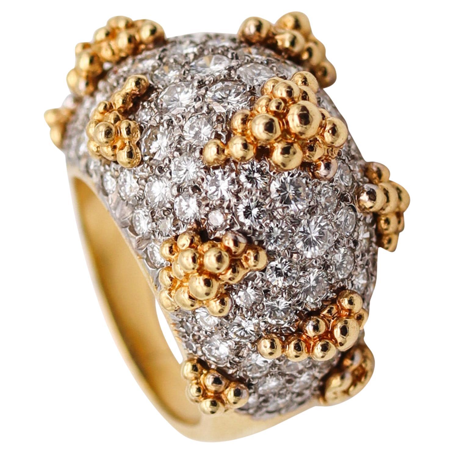 Italian Mid Century Bombe Cocktail Ring 18Kt Gold Platinum With 5.30 Ctw Diamond For Sale
