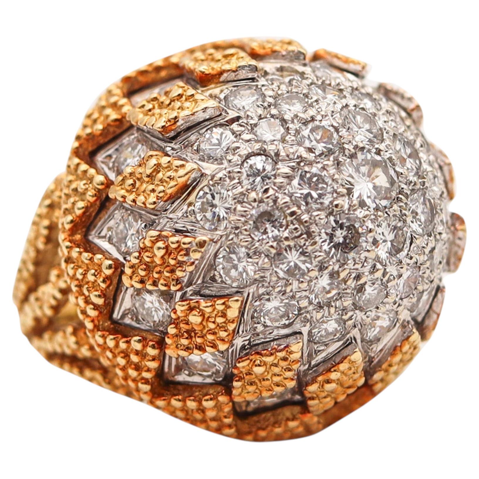 ITALIAN Mid Century Bombe Cocktail Ring In 18Kt Gold & Platinum 5.60 Cwt Diamond
