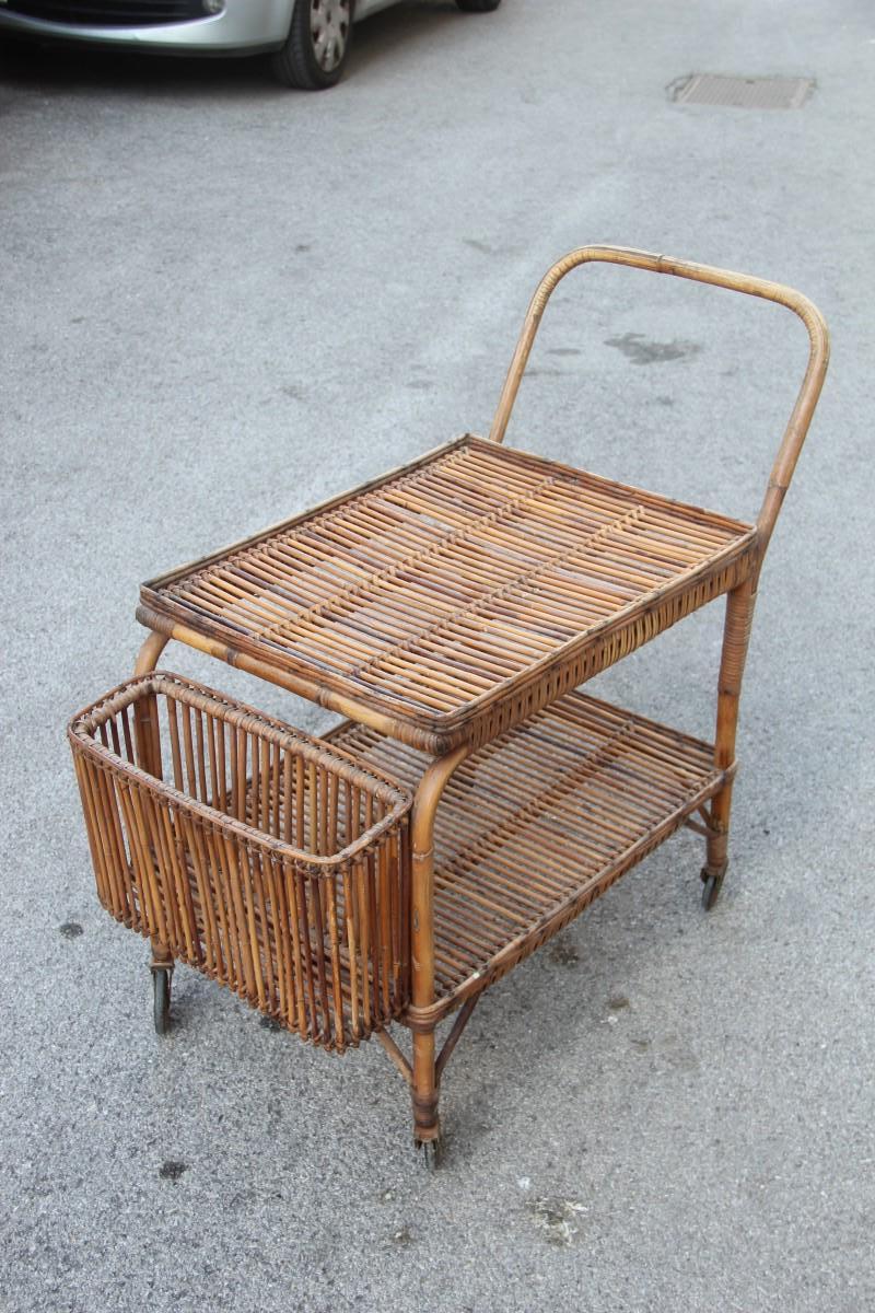 Italian midcentury bar cart rattan, 1950s Italian Design .
