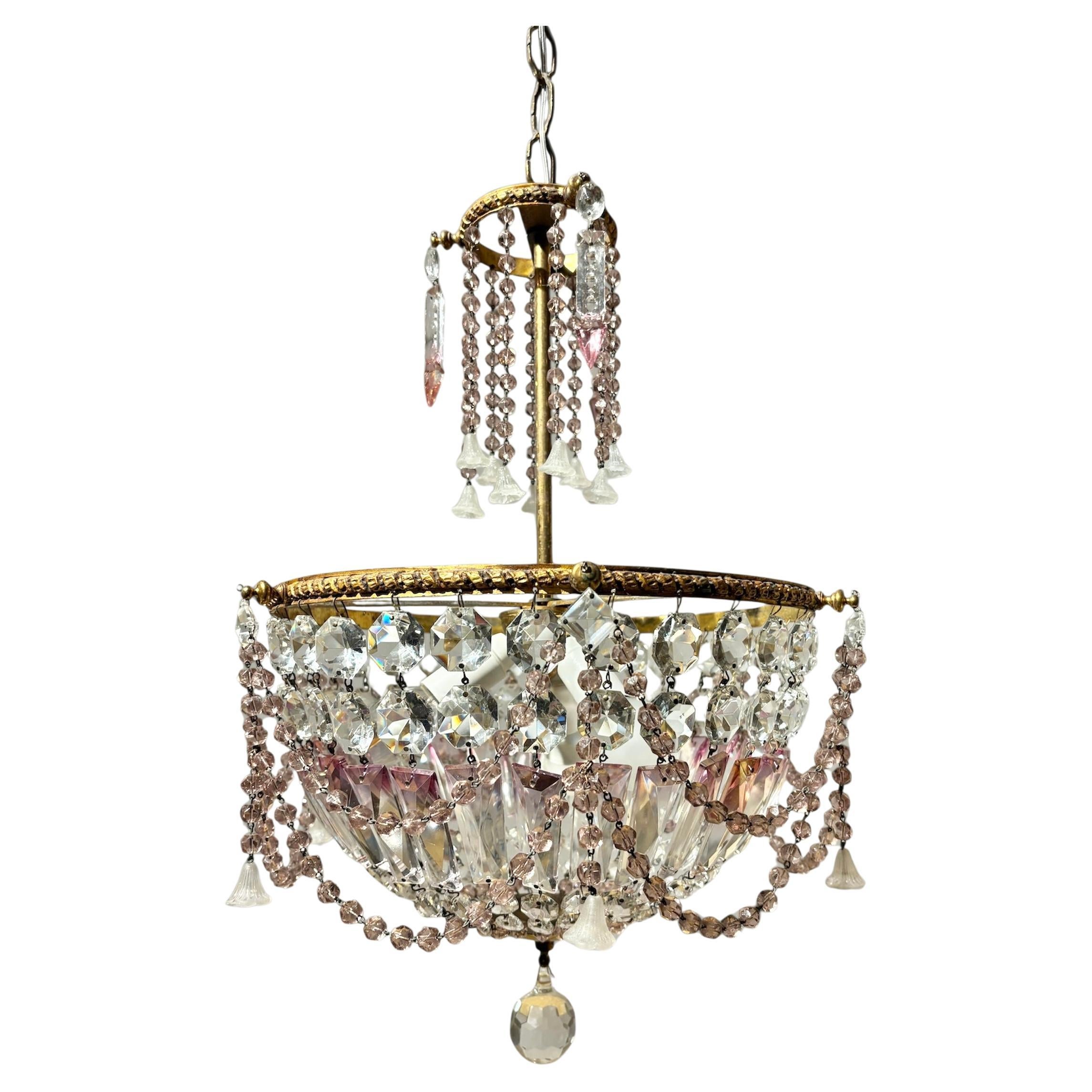 Lampadario italiano di metà secolo in ottone e cristallo di Boemia