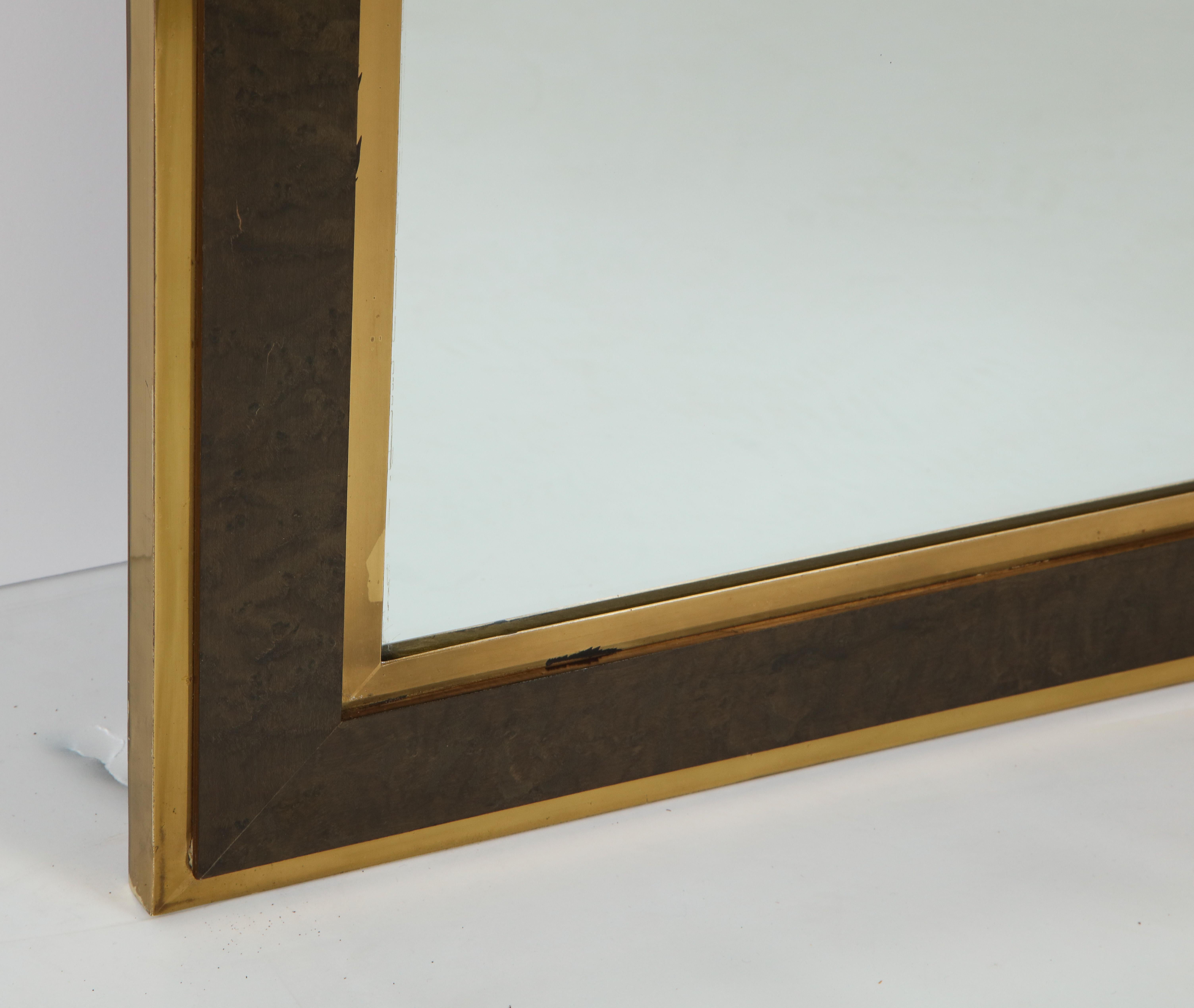 Italian Mid-Century Brass and Burl Wood Framed Mirror  In Good Condition In New York, NY