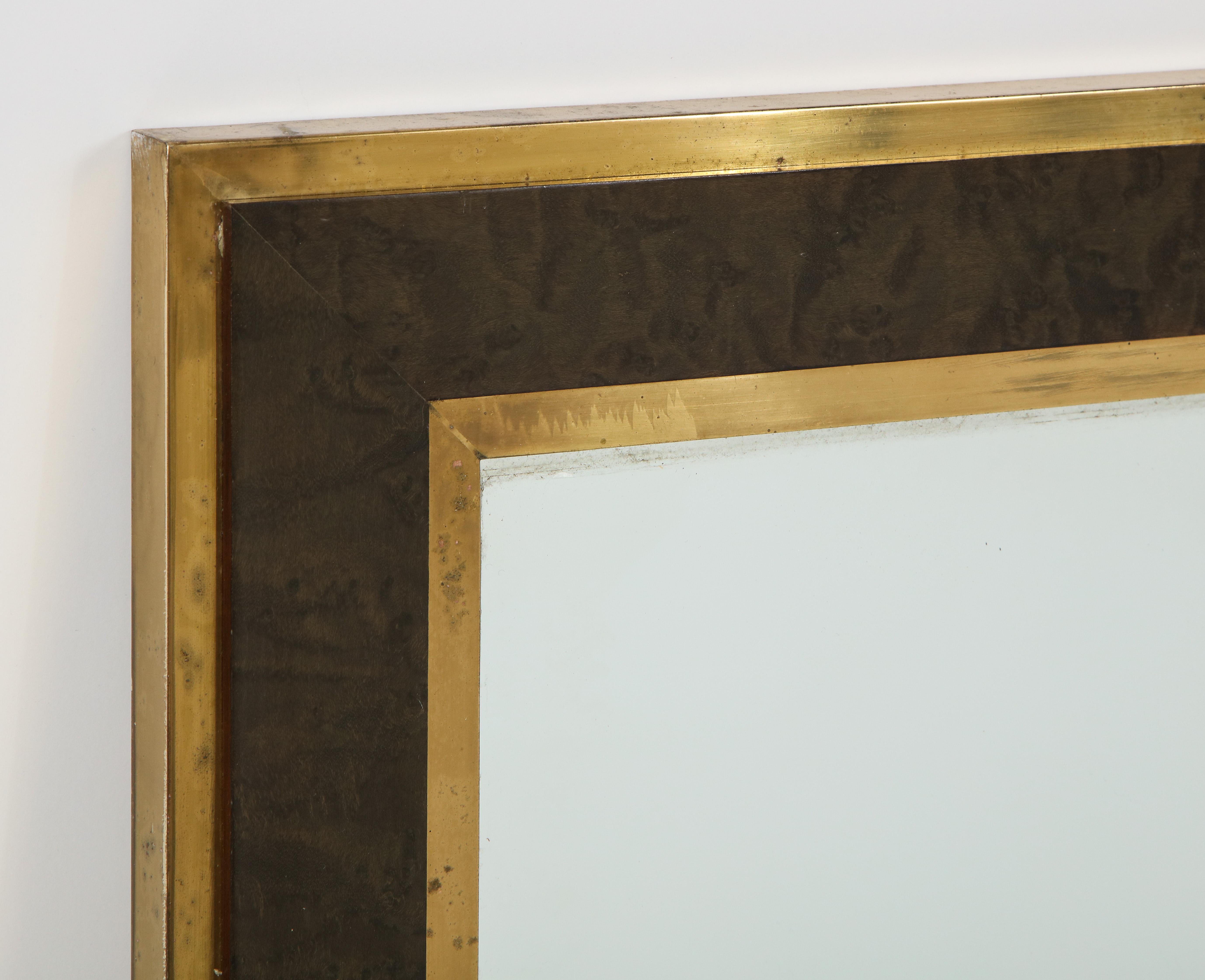 Mid-20th Century Italian Mid-Century Brass and Burl Wood Framed Mirror 