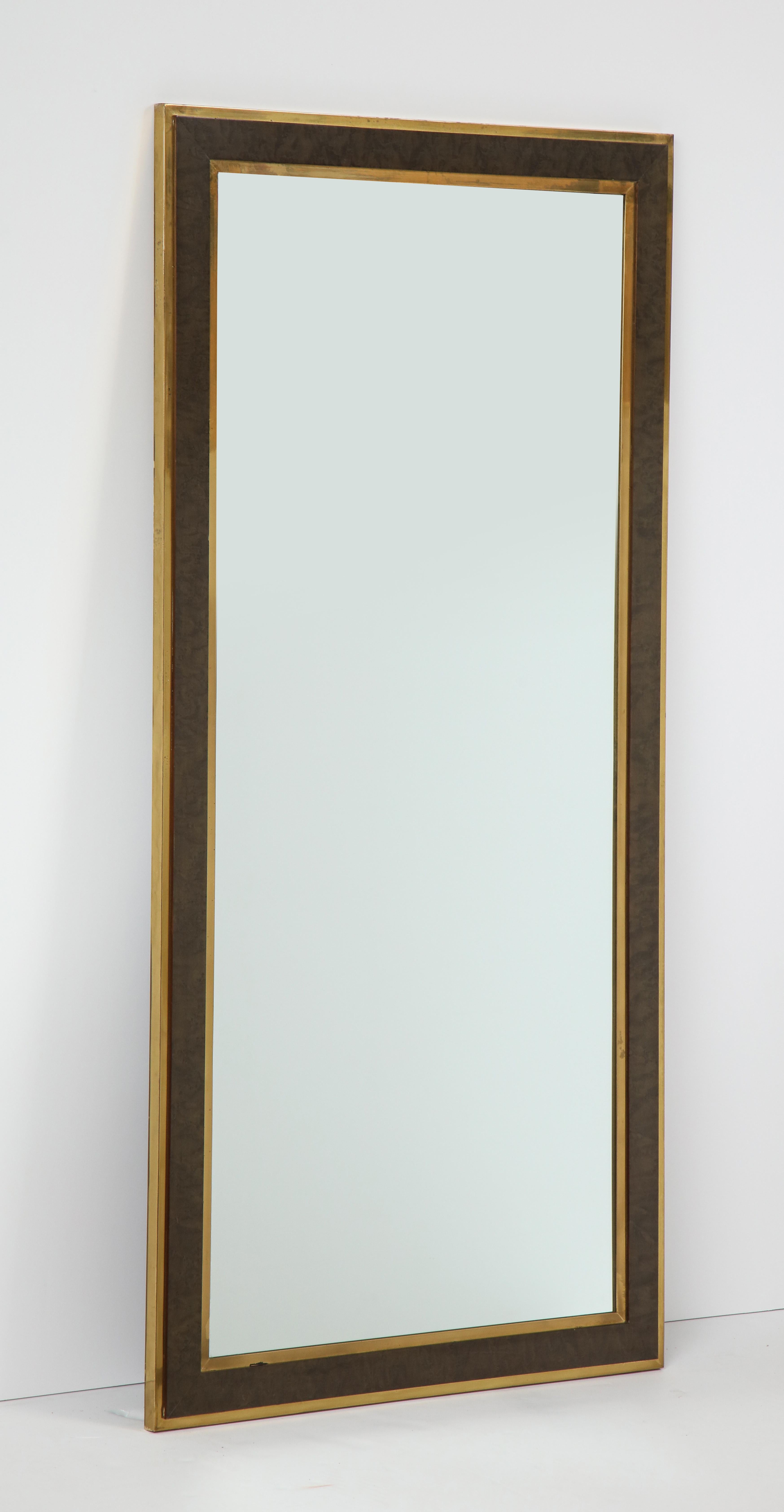 Italian Mid-Century Brass and Burl Wood Framed Mirror  1