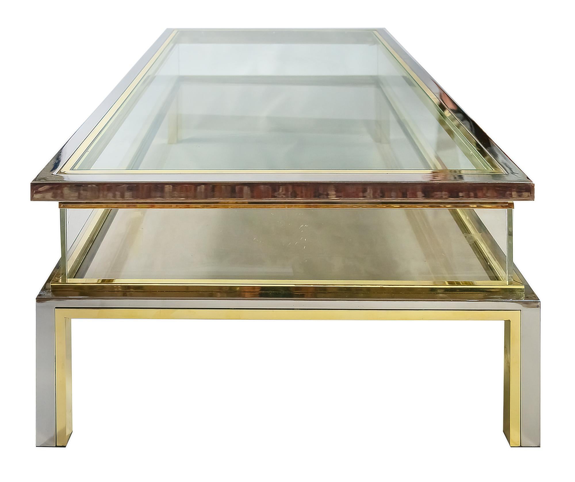 Plexiglass Italian Mid-Century Brass and Glass Coffee Table, Showcase Signed Romeo Rega