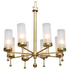 Lampadario a otto luci in ottone e vetro della metà del secolo scorso Stilnovo