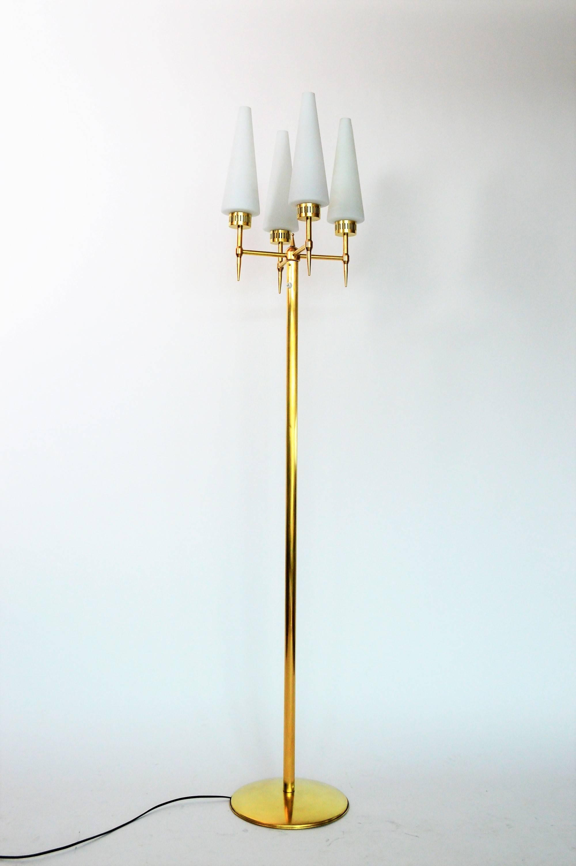 Frosted Italian Midcentury Brass and Glass Floor Lamp, 1950s