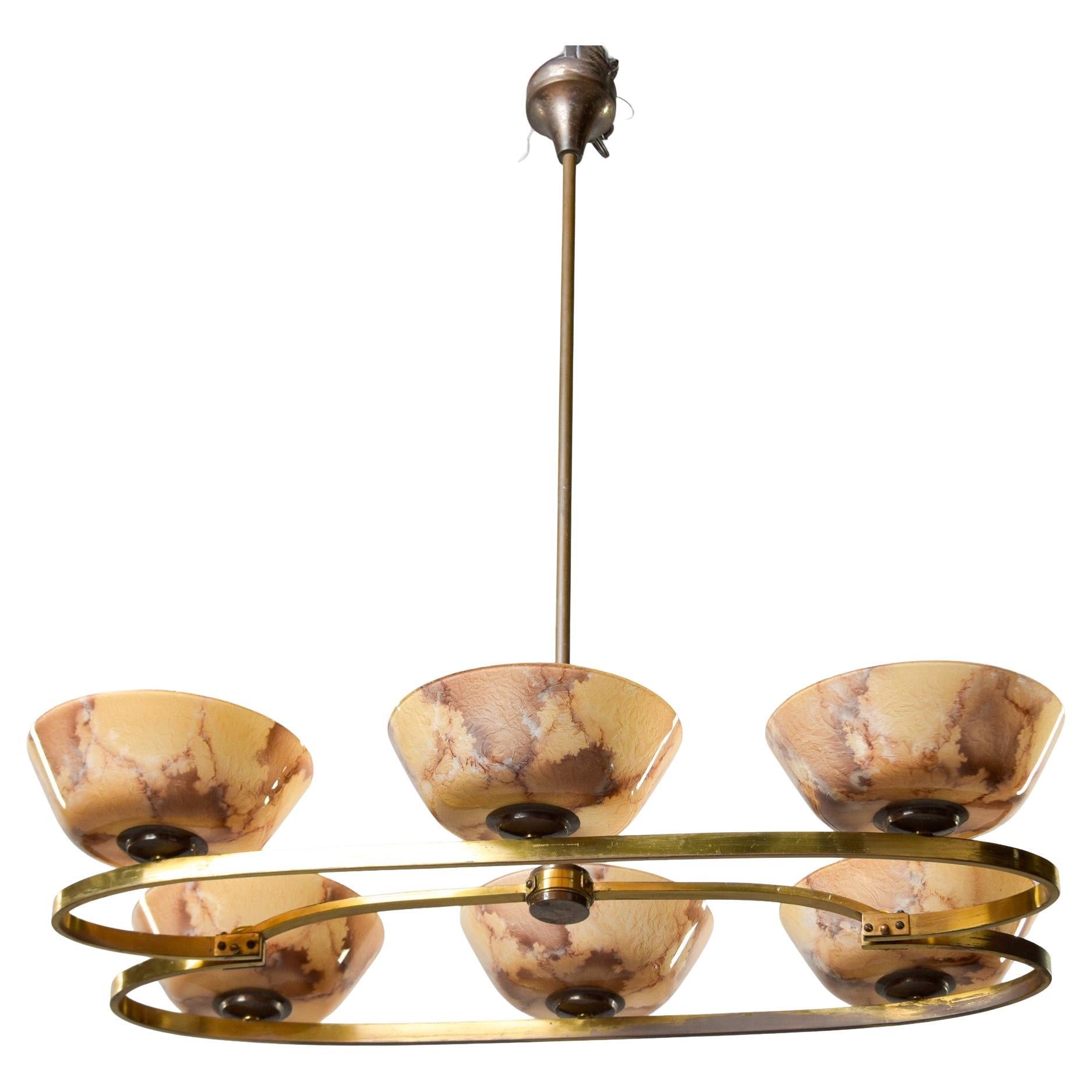 Luminaire italien du milieu du siècle en laiton et verre à six lumières en vente