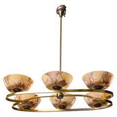 Luminaire italien du milieu du siècle en laiton et verre à six lumières
