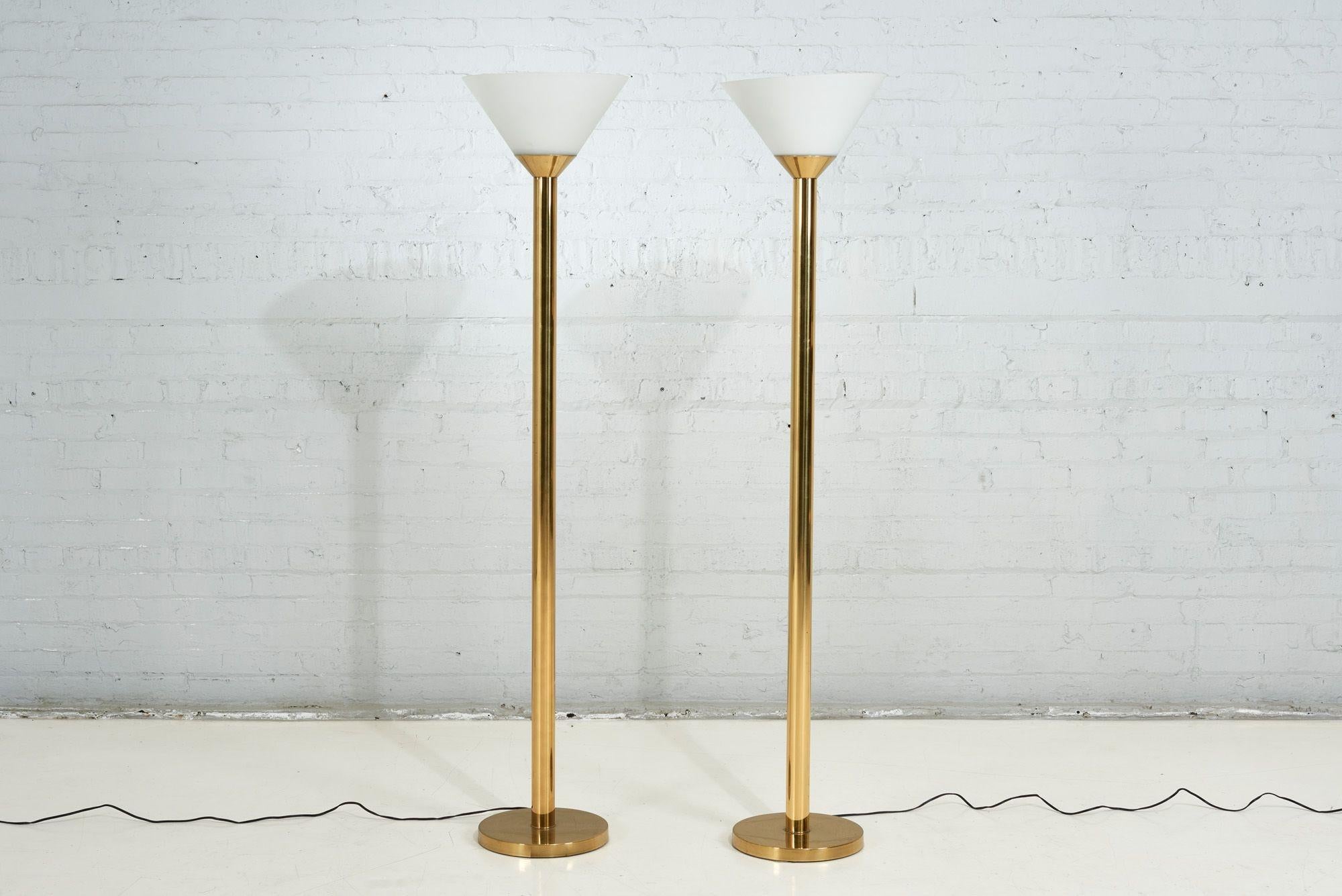 Italian midcentury Brass and Glass Torchiere Floor Lamps, 1960.  