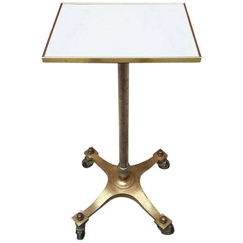Italian Midcentury Brass and Laminates Top High Table with Wheels, 1950s