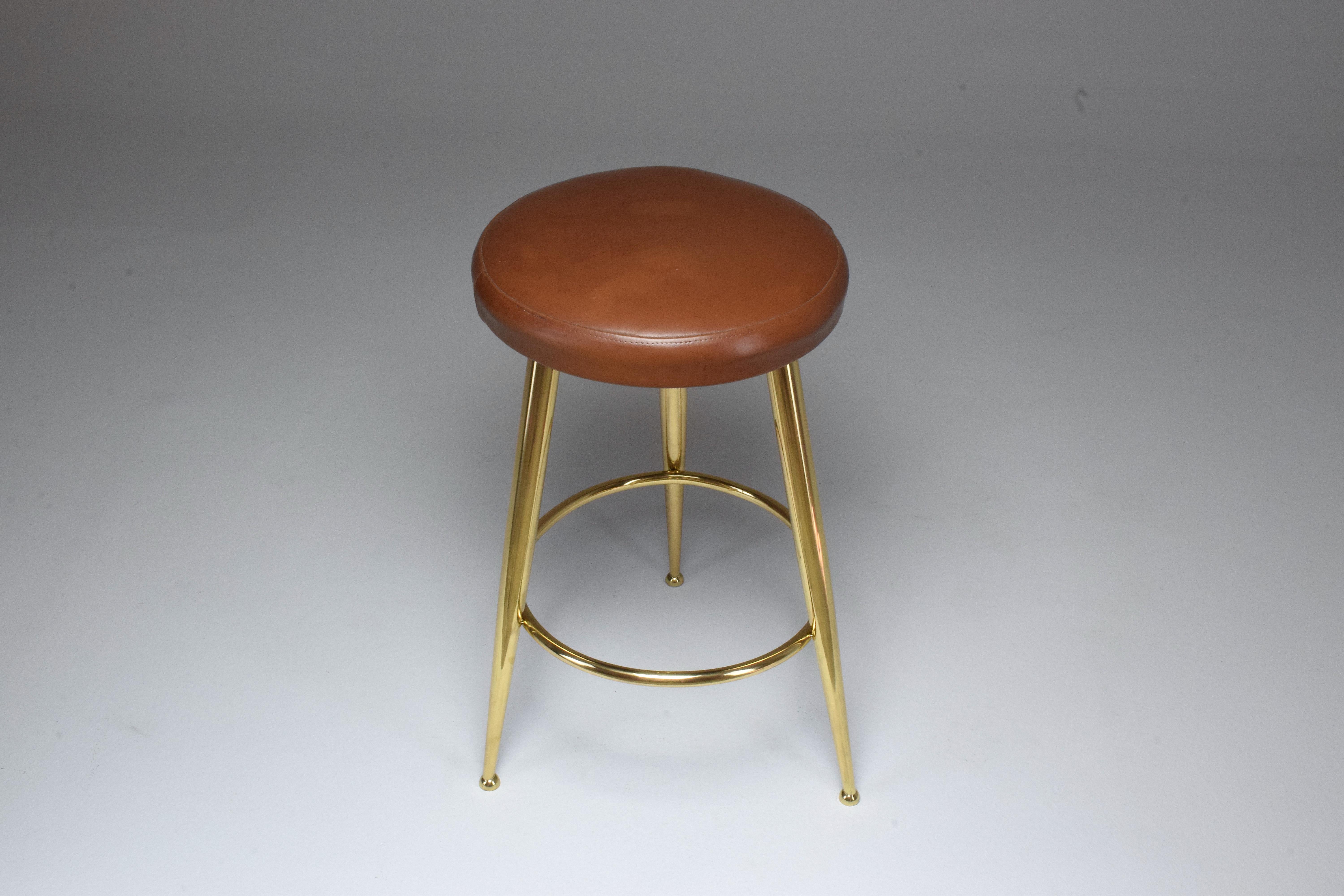 Italian Midcentury Brass and Leather Stool by Ico Parisi, 1950s  1