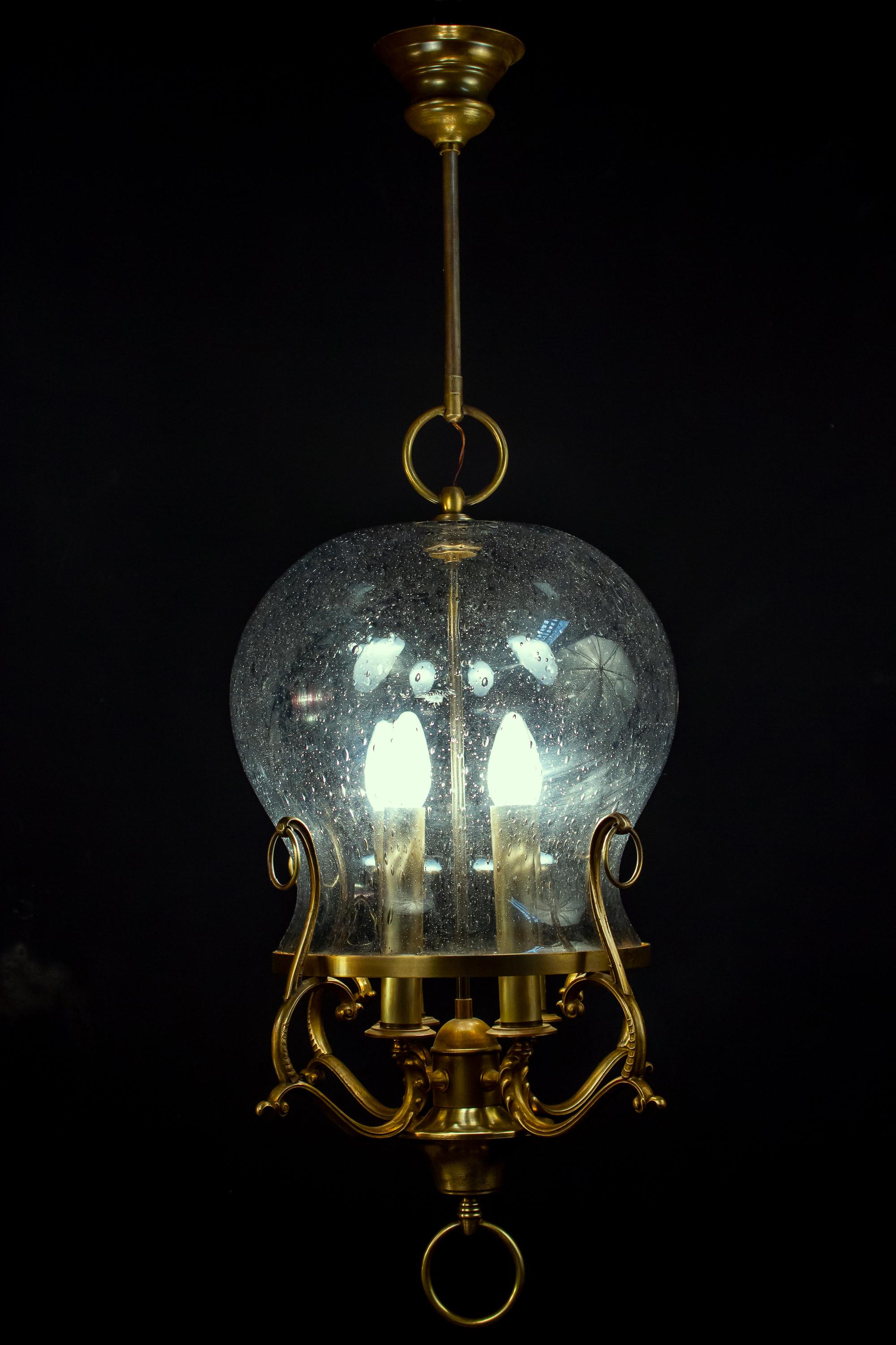 Italian Midcentury Brass and Light Blue Murano Glass Lantern For Sale 7