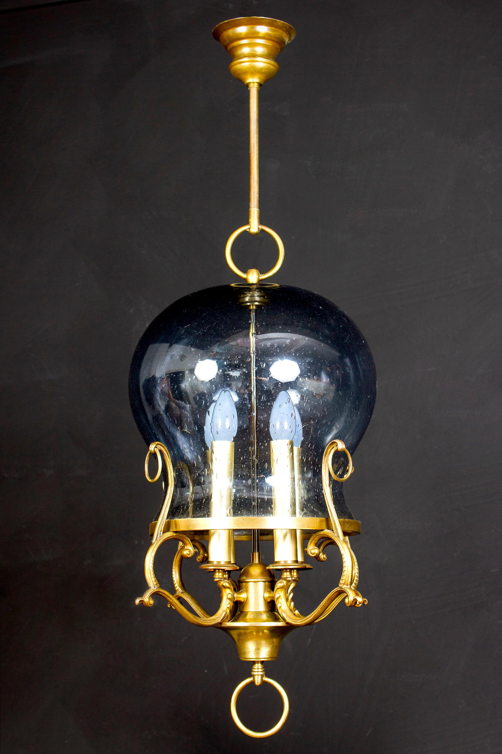 Mid-Century Modern Italian Midcentury Brass and Light Blue Murano Glass Lantern For Sale