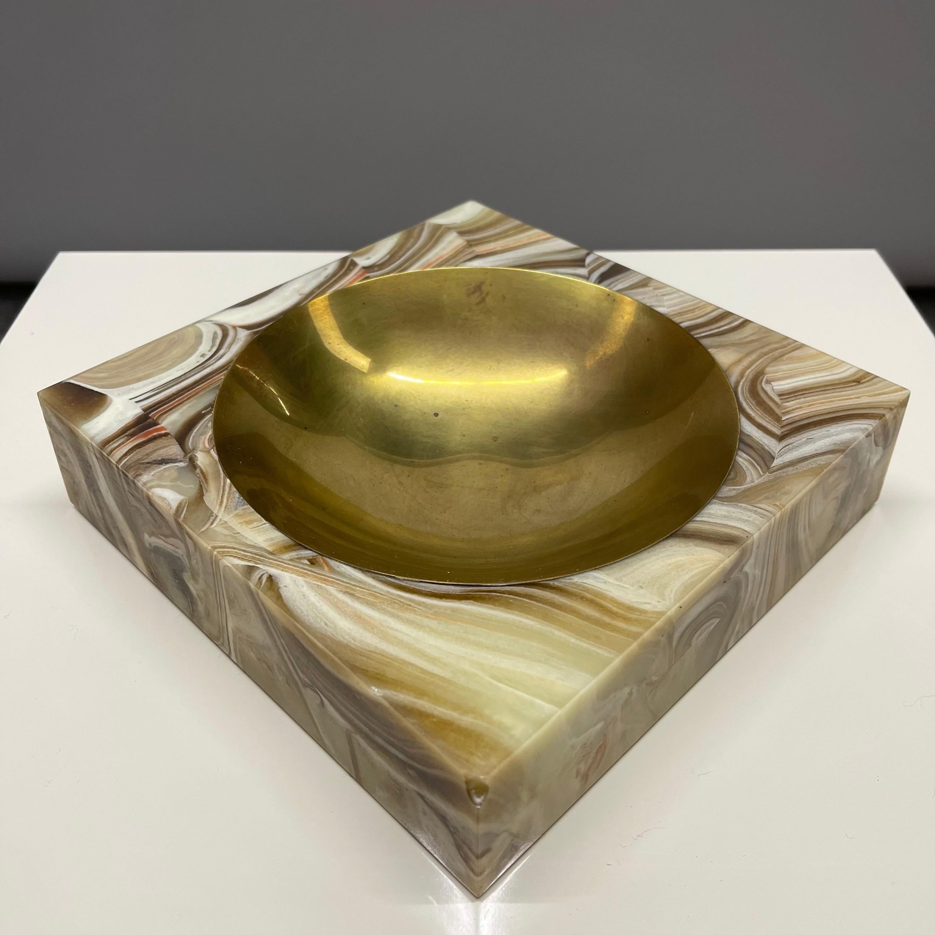 Polished Italian Mid-Century Brass and Marbleized Resin Vide-Poche or Catch All, 1970s For Sale
