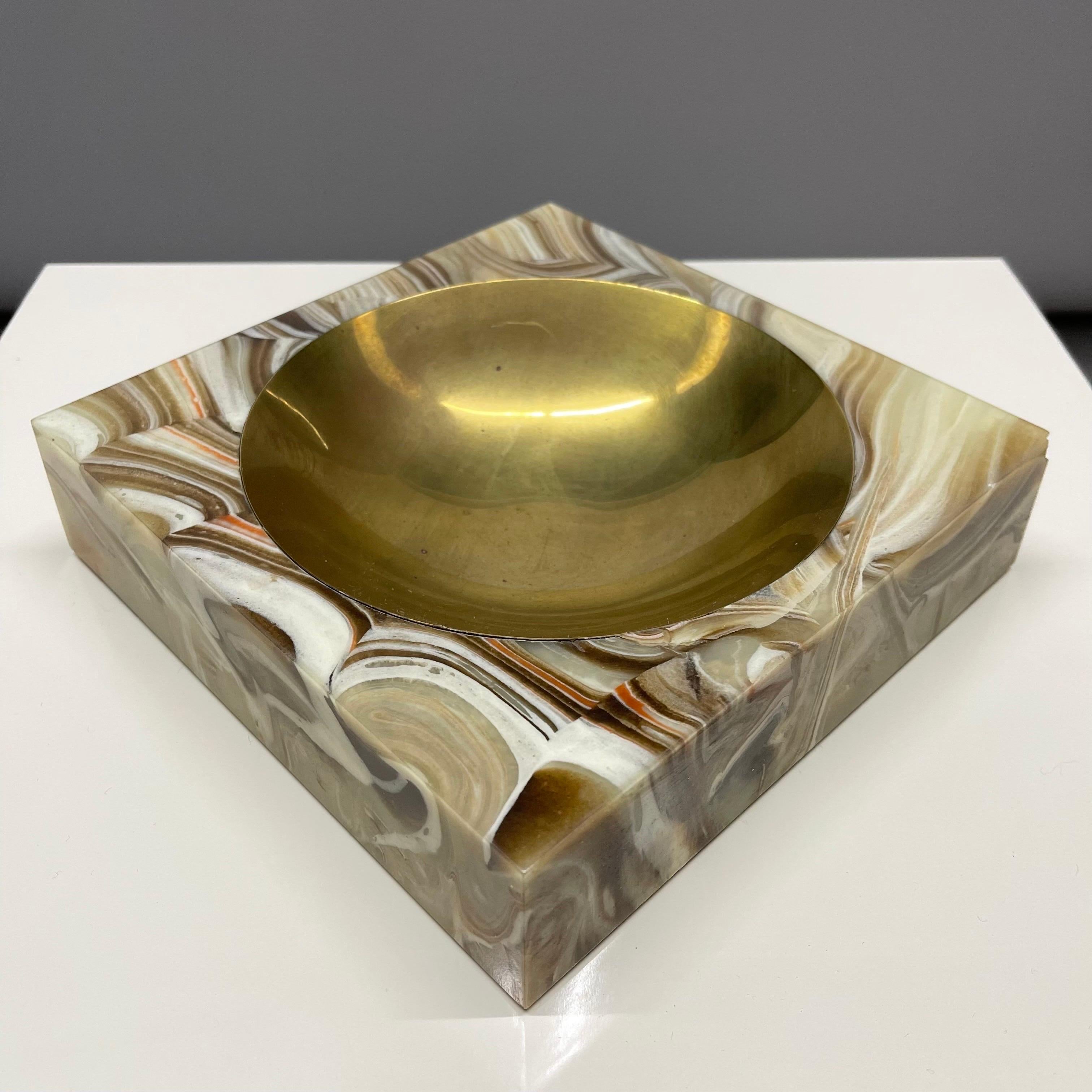 20th Century Italian Mid-Century Brass and Marbleized Resin Vide-Poche or Catch All, 1970s For Sale