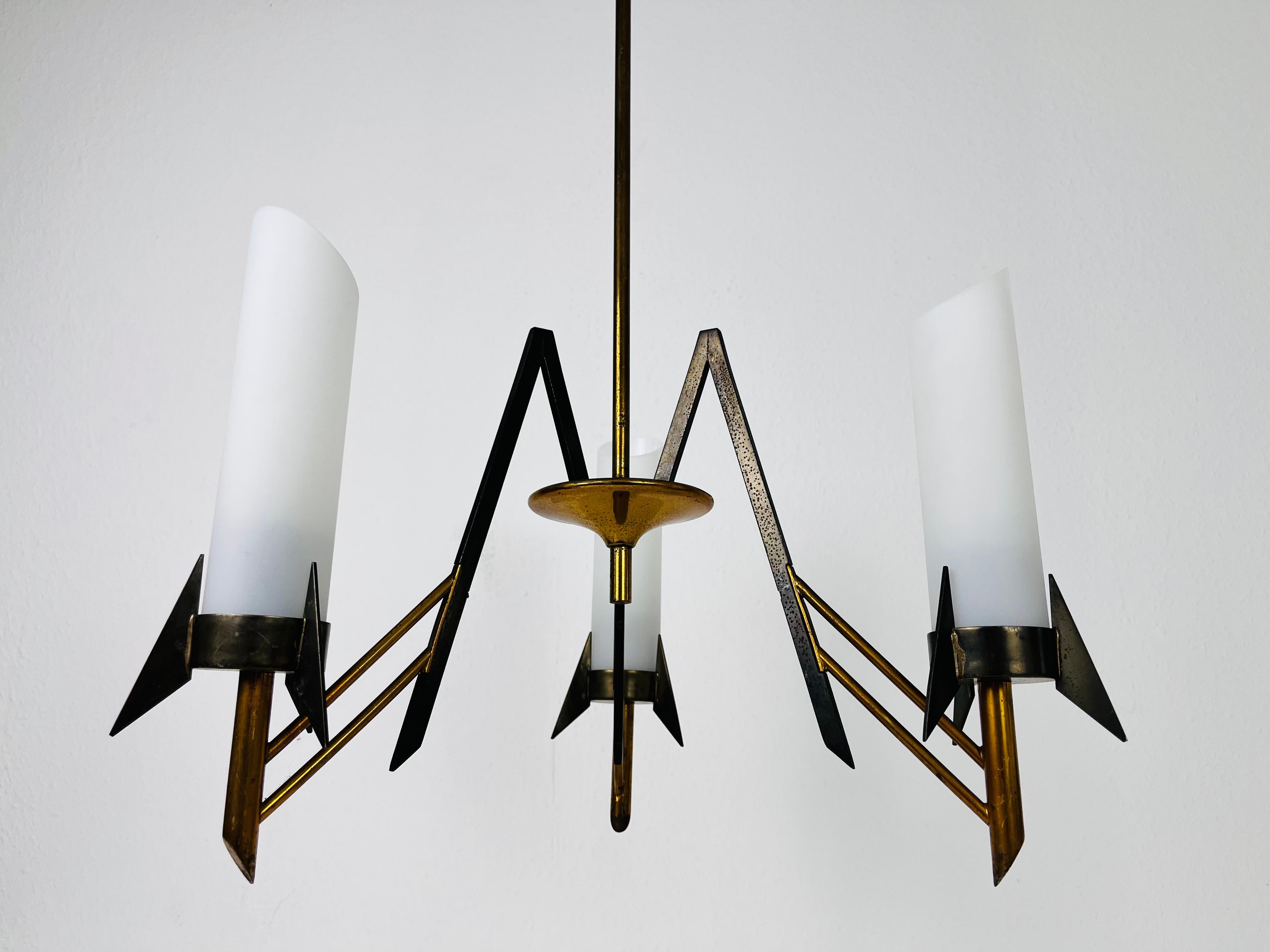 Mid-20th Century Italian Mid-Century Brass and Opaline Glass 3-Arm Chandelier, 1960s For Sale