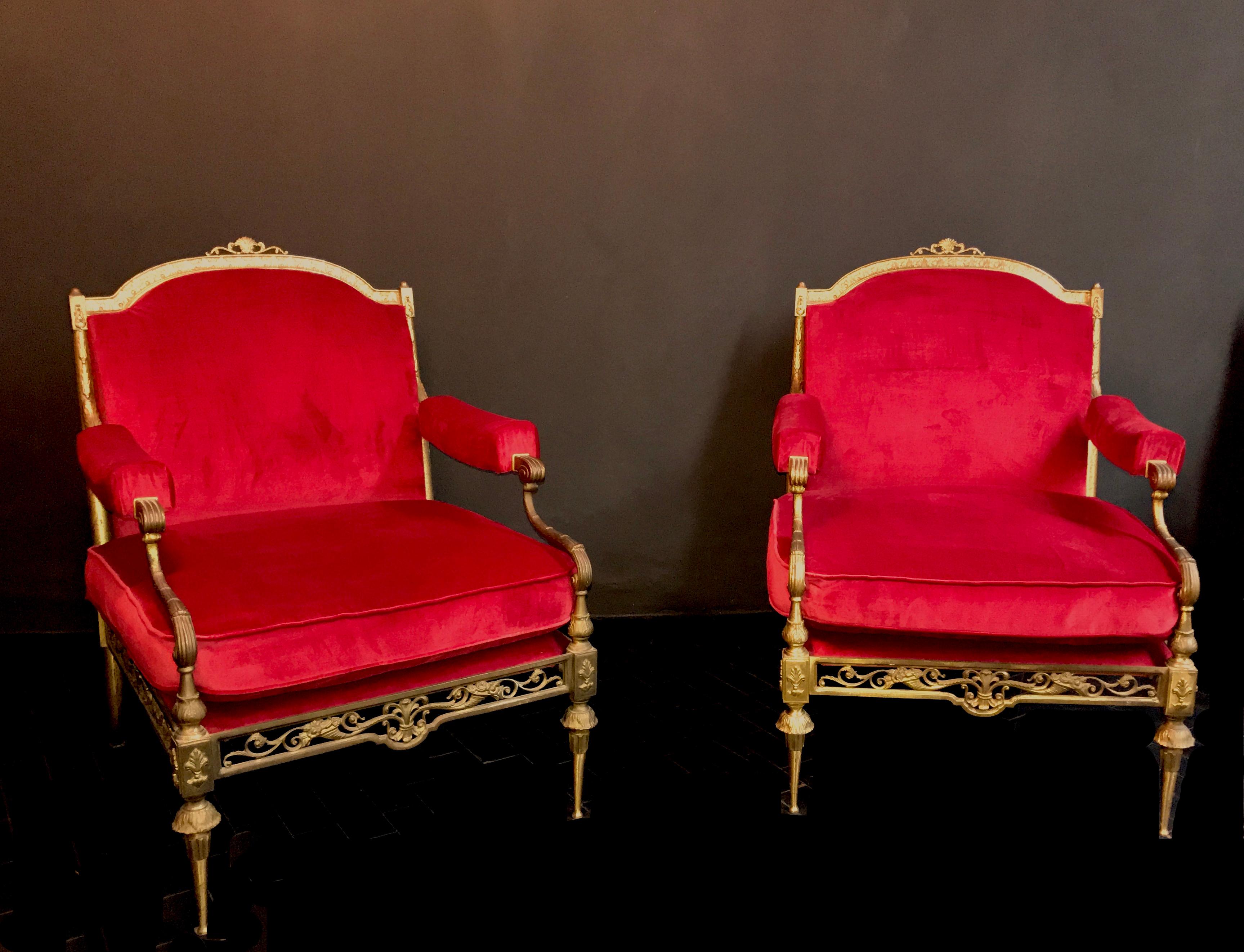 Louis XVI Italian Midcentury Brass and Red Velvet Living Room Set, 1950
