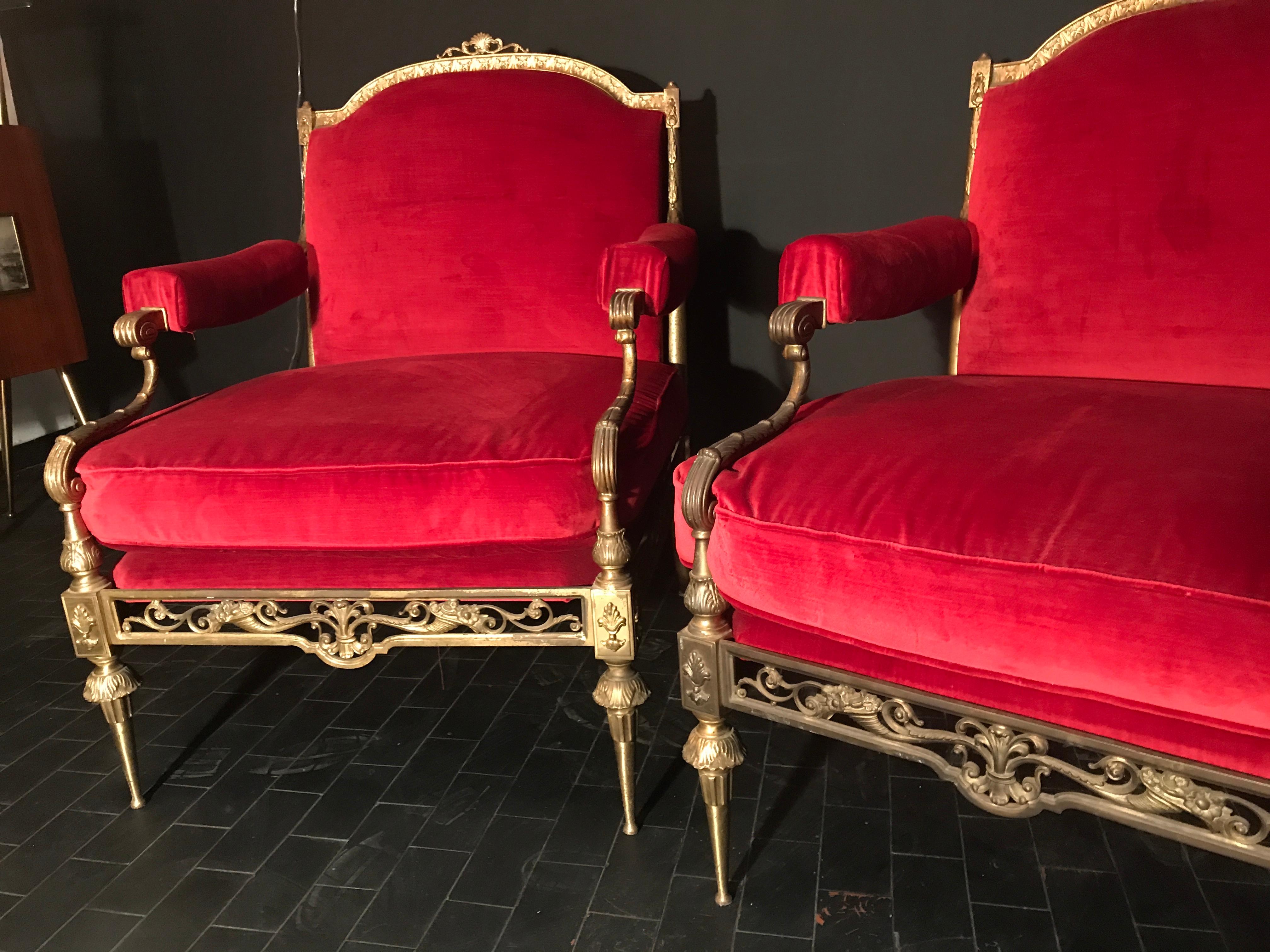 20th Century Italian Midcentury Brass and Red Velvet Living Room Set, 1950