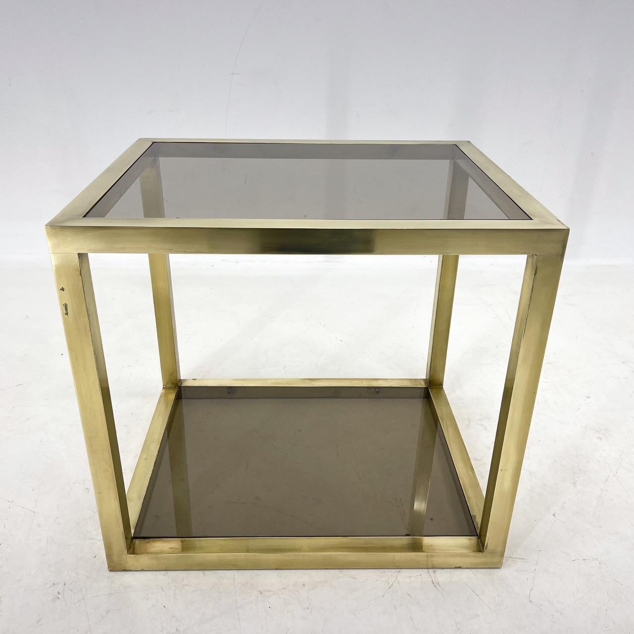 Italian vintage all brass, side or coffee table with two smoked glass tops.