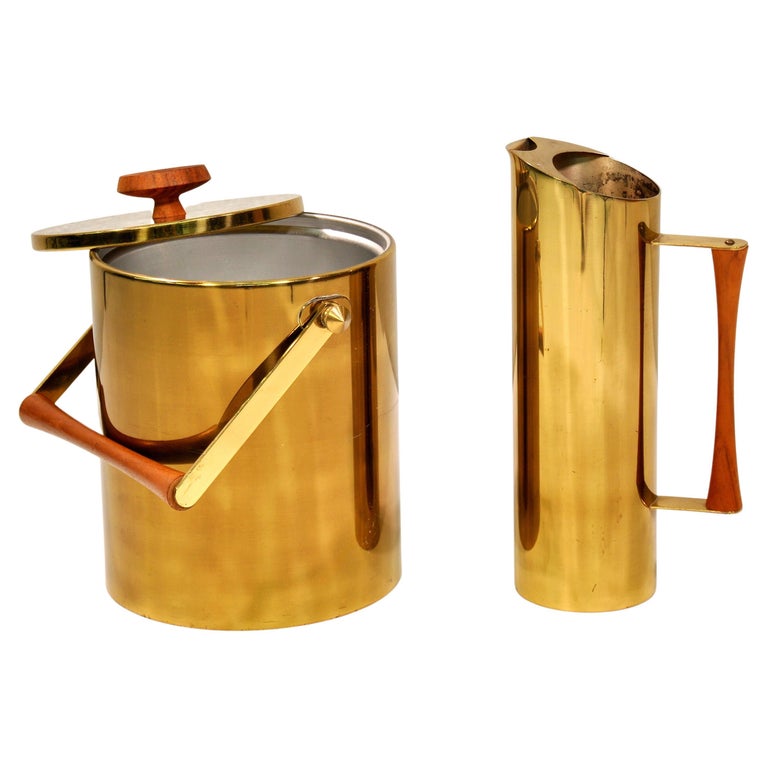 Italian MidCentury Brass Bar Set, Ice Bucket and Martini Pitcher