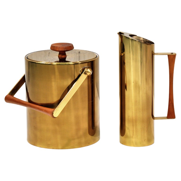 Italian MidCentury Brass Bar Set, Ice Bucket and Martini Pitcher