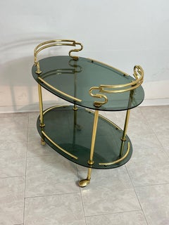 Italian Mid-Century Brass Cart with Caster Wheels, Smoked Glass Tops, 1960s