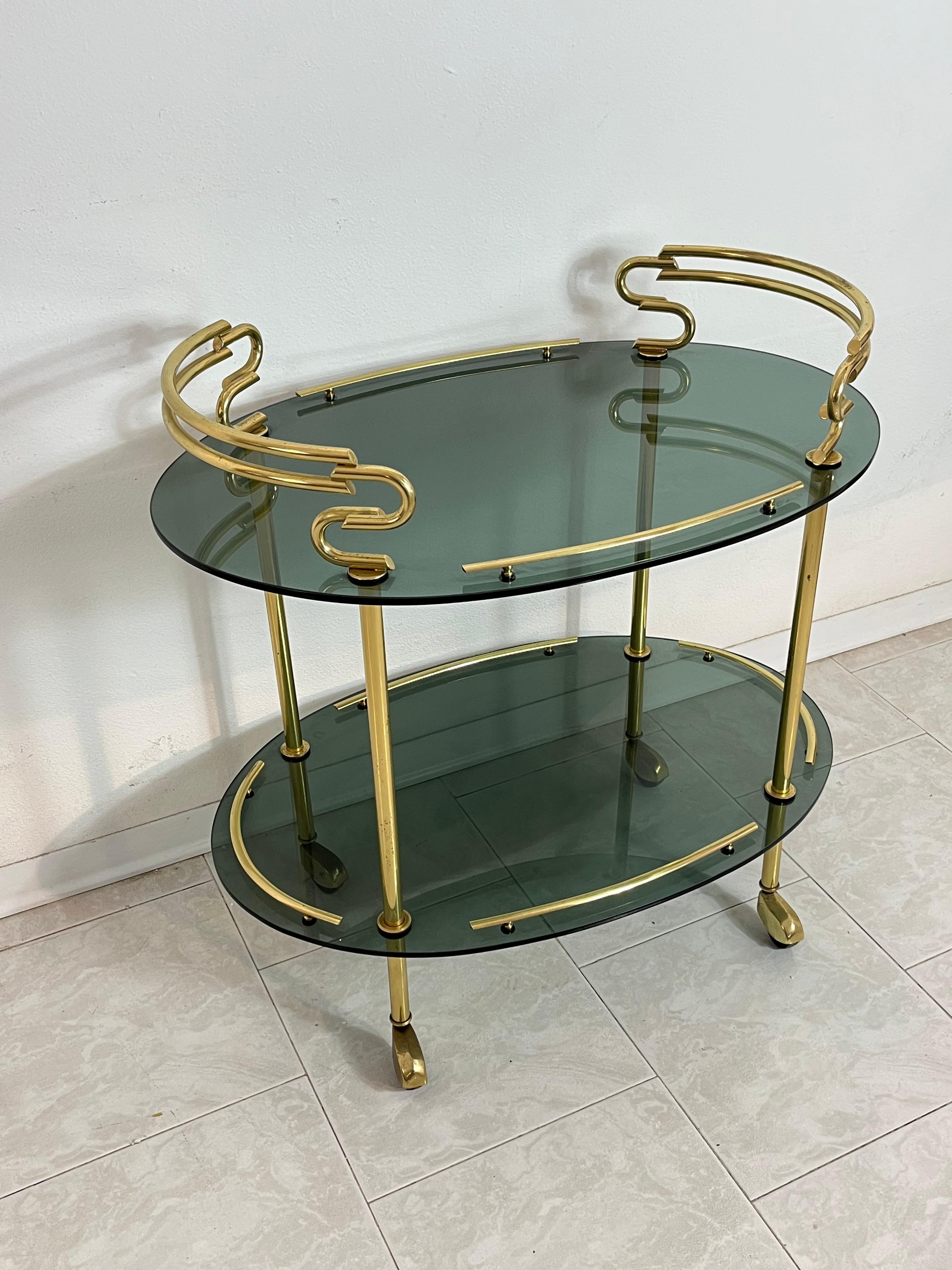 Mid-20th Century Italian Mid-Century Brass Cart with Caster Wheels, Smoked Glass Tops, 1960s For Sale