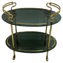 Italian Mid-Century Brass Cart with Caster Wheels, Smoked Glass Tops, 1960s
