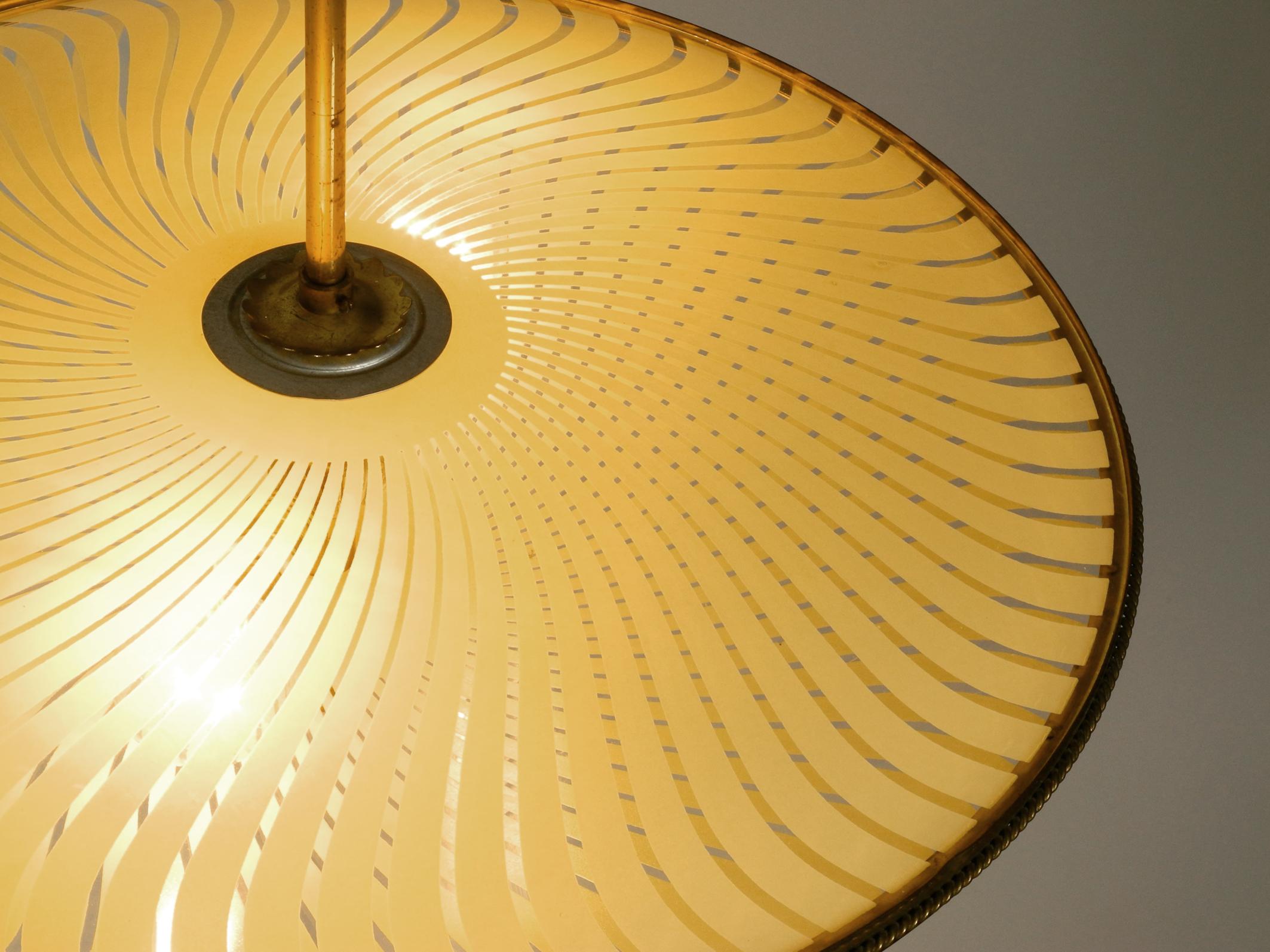 Italian Mid-Century Brass Ceiling Lamp with an Elegant Double Glass Lampshade For Sale 10