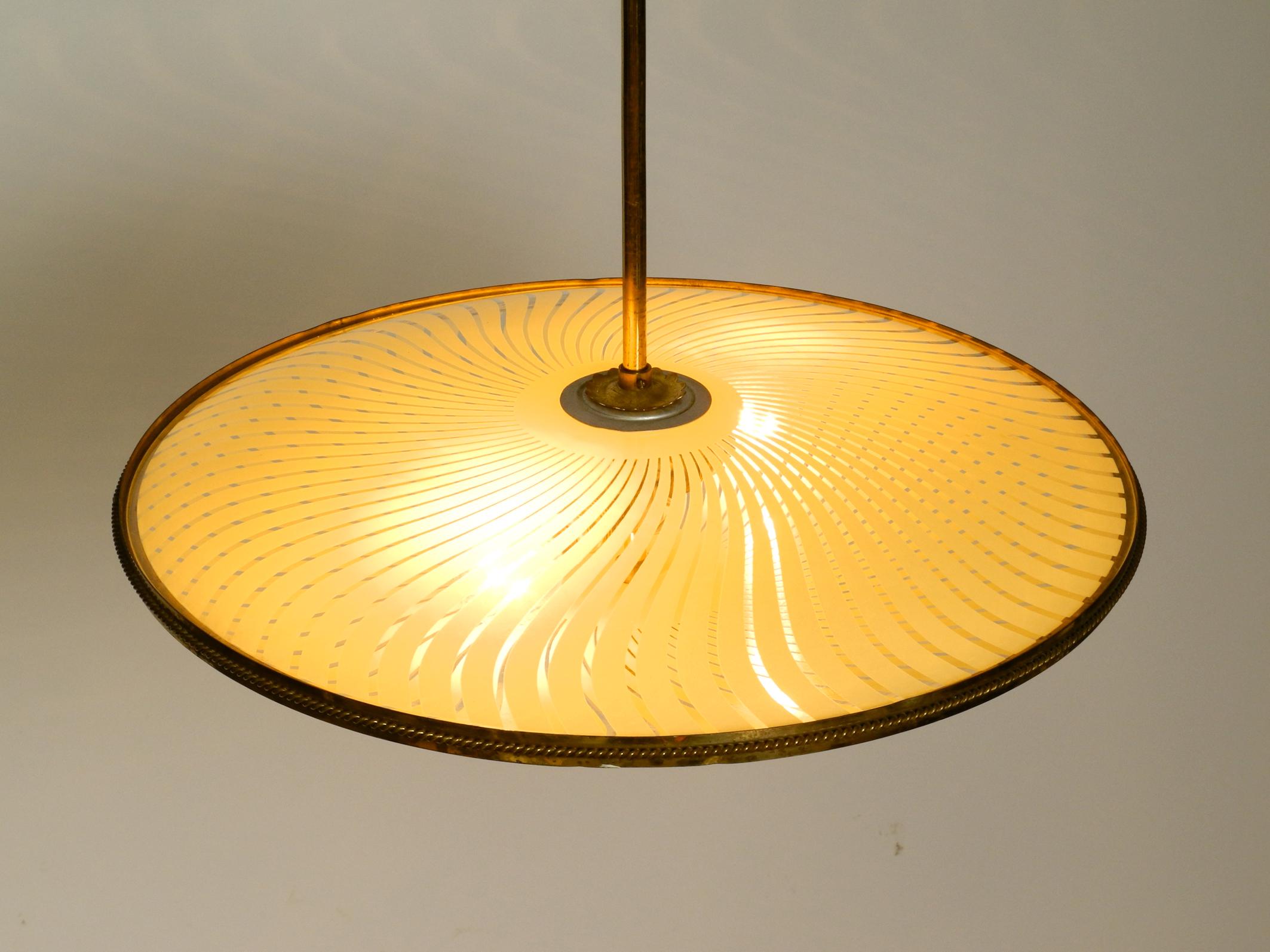 Italian Mid-Century Brass Ceiling Lamp with an Elegant Double Glass Lampshade For Sale 12