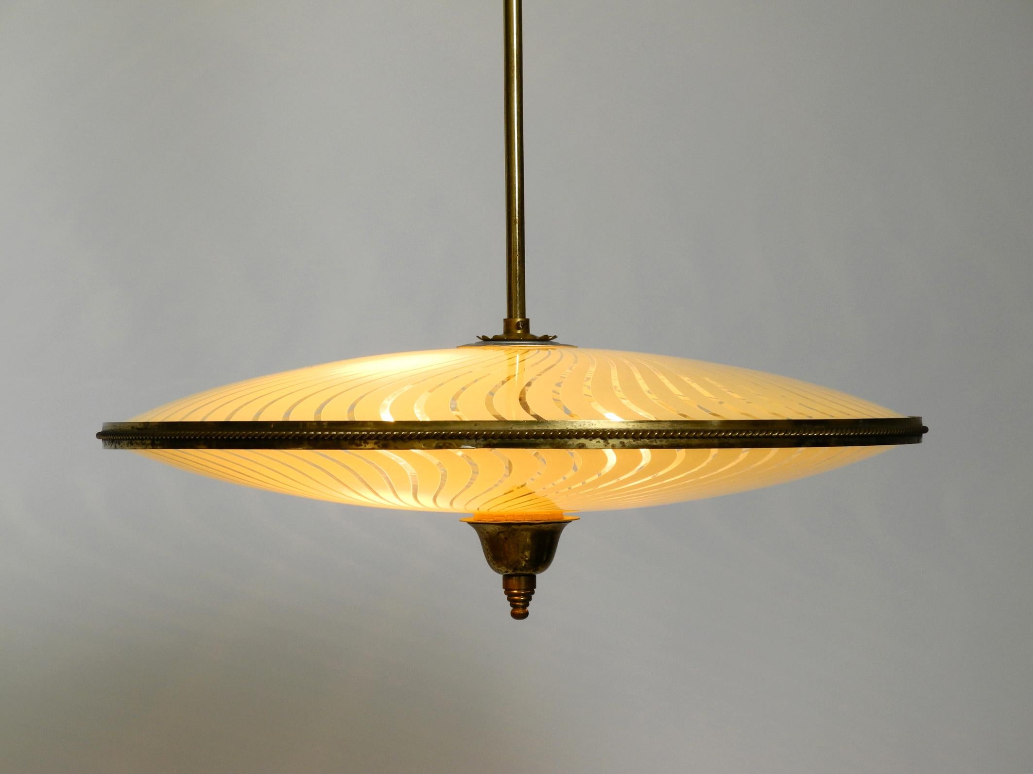 Italian Mid-Century Brass Ceiling Lamp with an Elegant Double Glass Lampshade For Sale 1