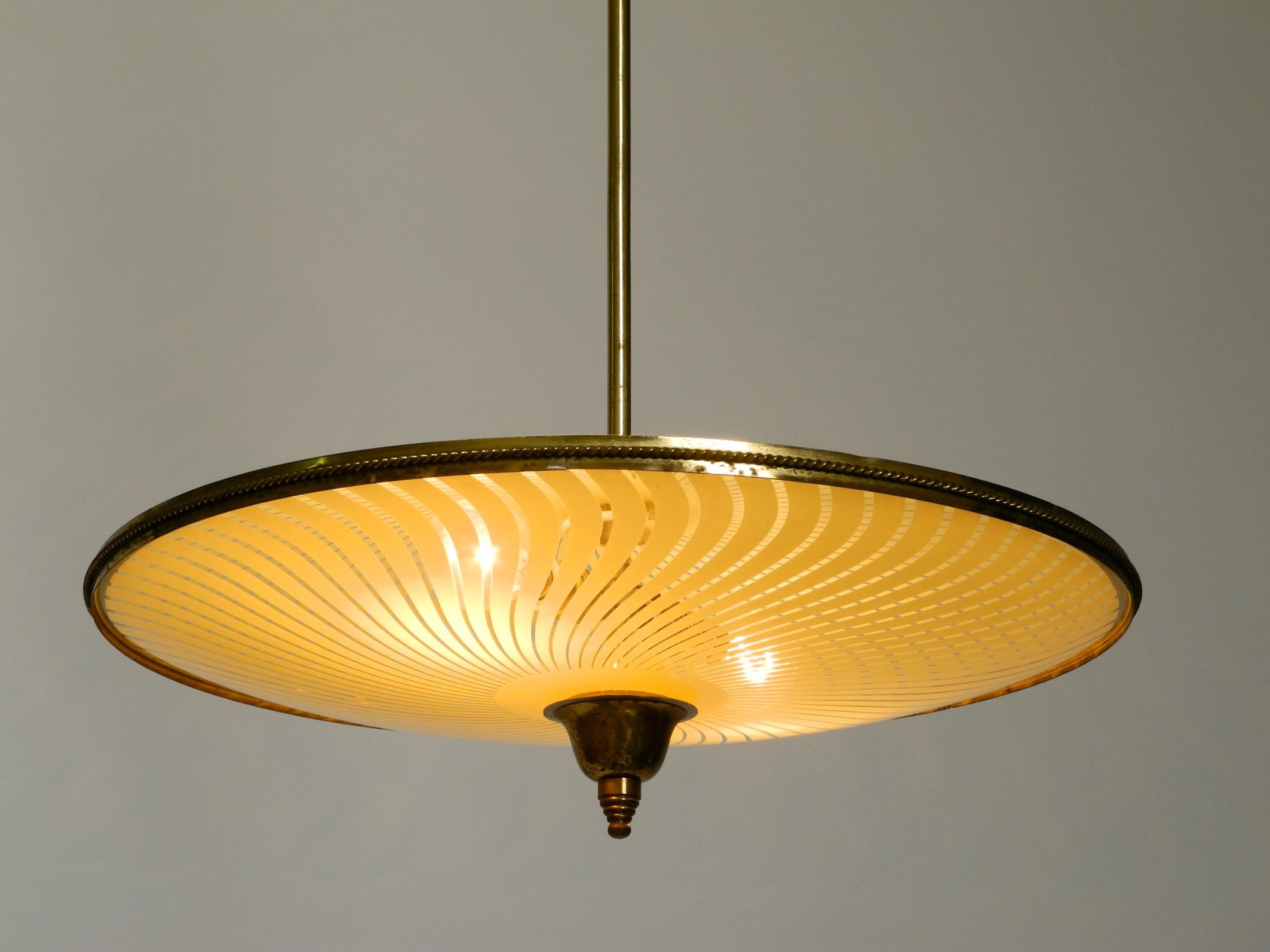 Italian Mid-Century Brass Ceiling Lamp with an Elegant Double Glass Lampshade For Sale 2
