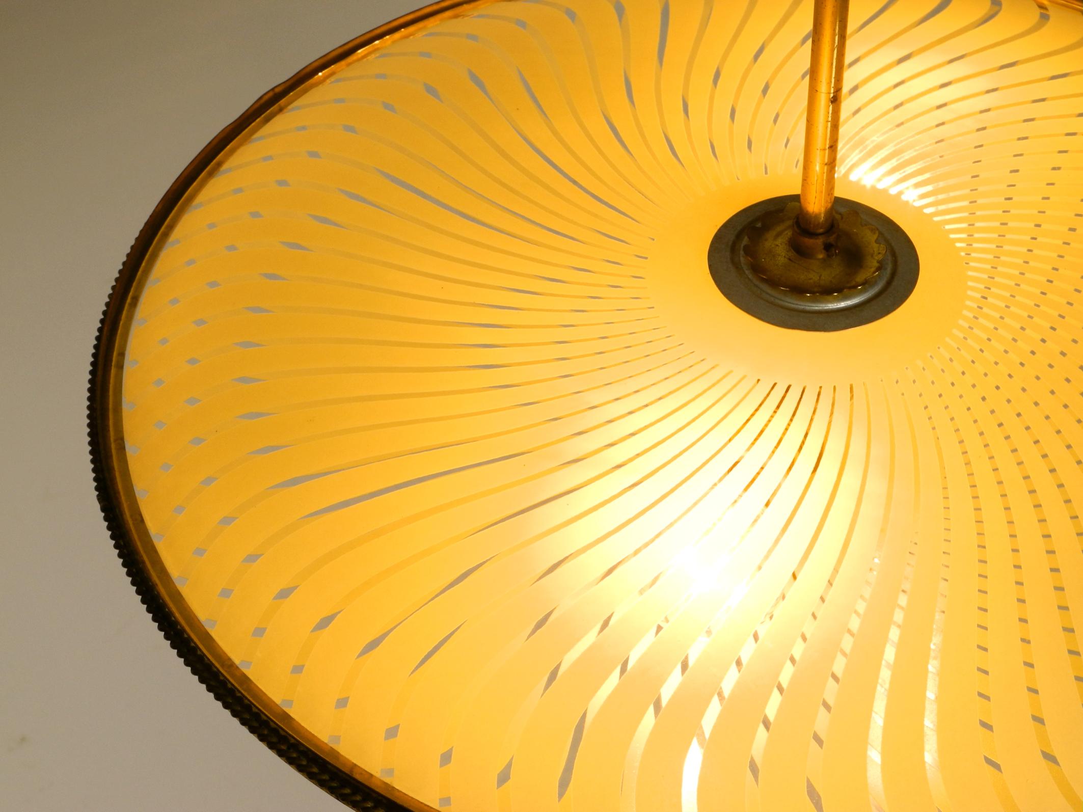 Italian Mid-Century Brass Ceiling Lamp with an Elegant Double Glass Lampshade For Sale 3