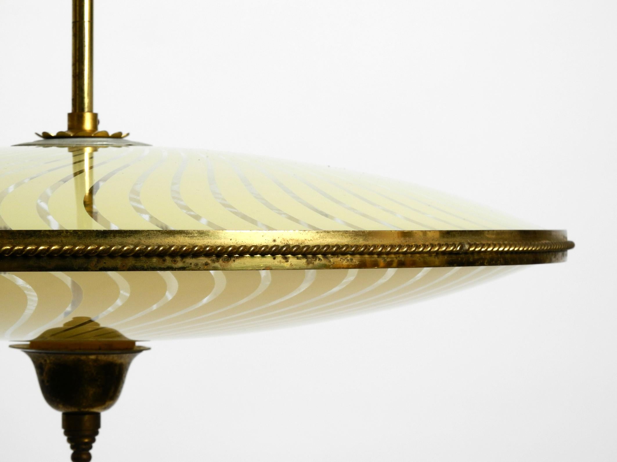 Italian Mid-Century Brass Ceiling Lamp with an Elegant Double Glass Lampshade For Sale 4