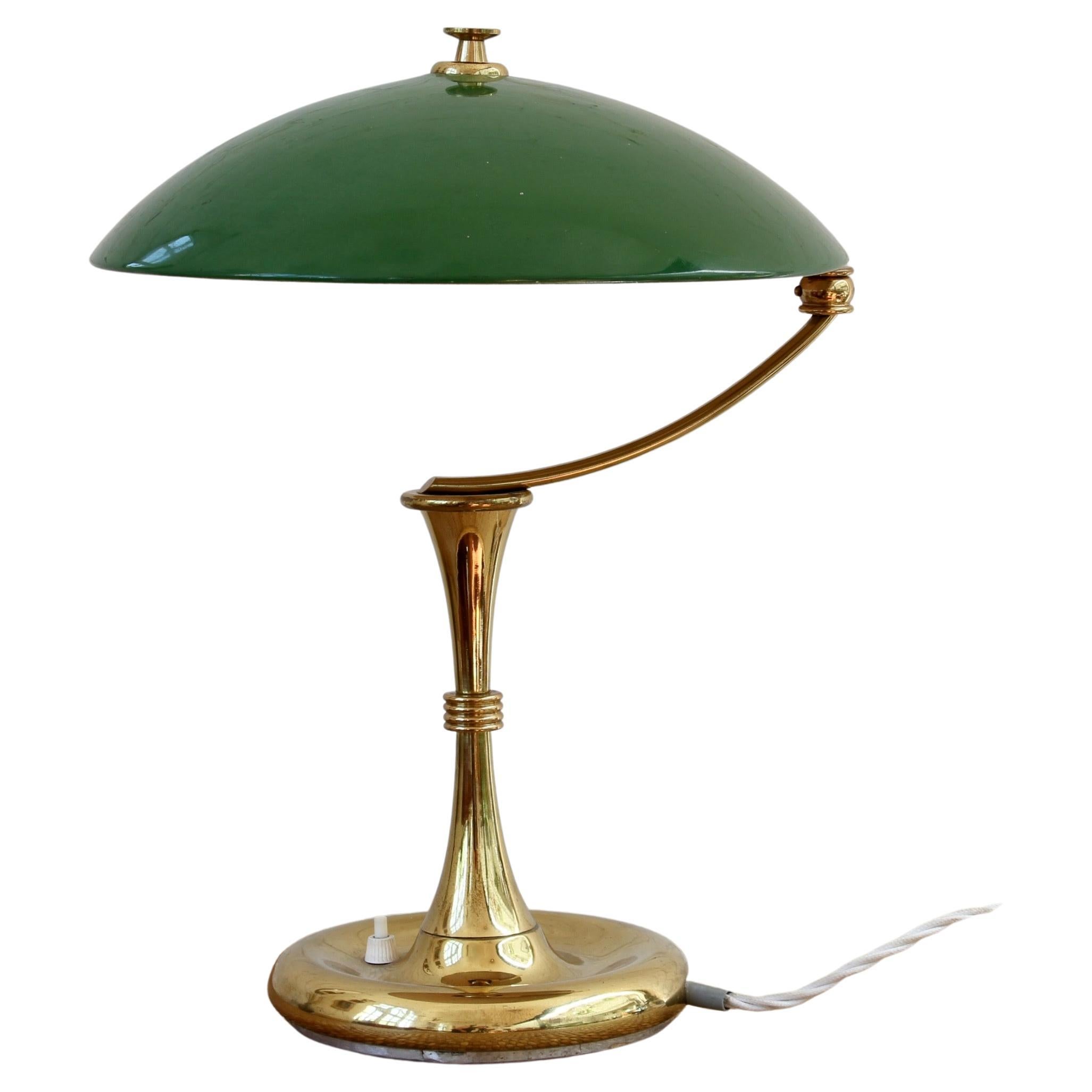 Italian Mid-Century Brass-Covered Desk Lamp with Green Shade 'circa 1950s' For Sale