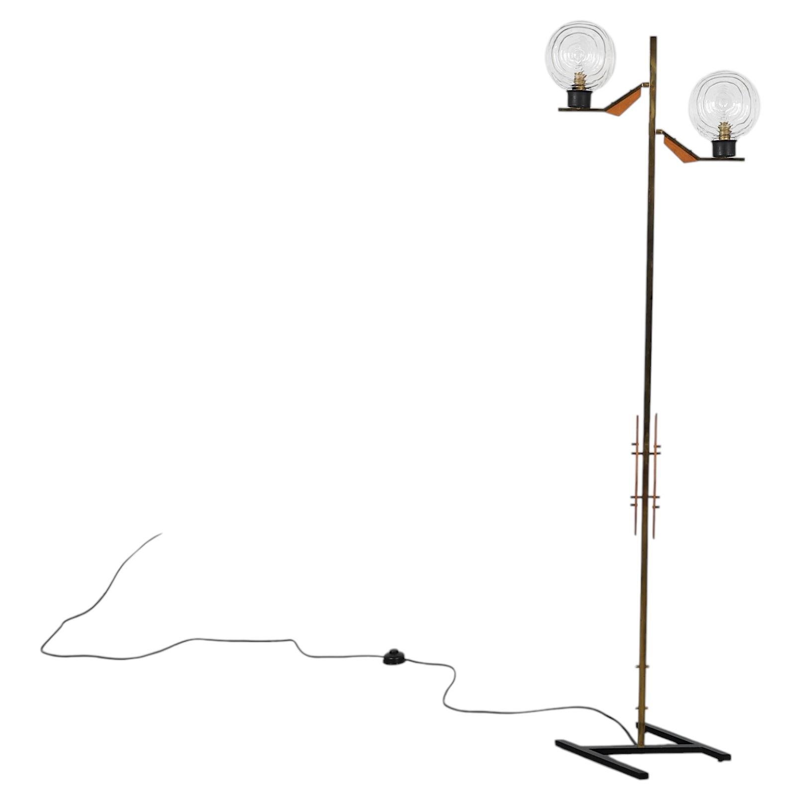 Italian Mid-Century Brass Floor Lamp with Double Glass Globes and Z Base For Sale