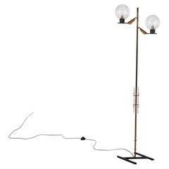 Italian Mid-Century Brass Floor Lamp with Double Glass Globes and Z Base