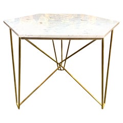 Italian Midcentury Brass Hexagonal Table with Carrara Marble Top