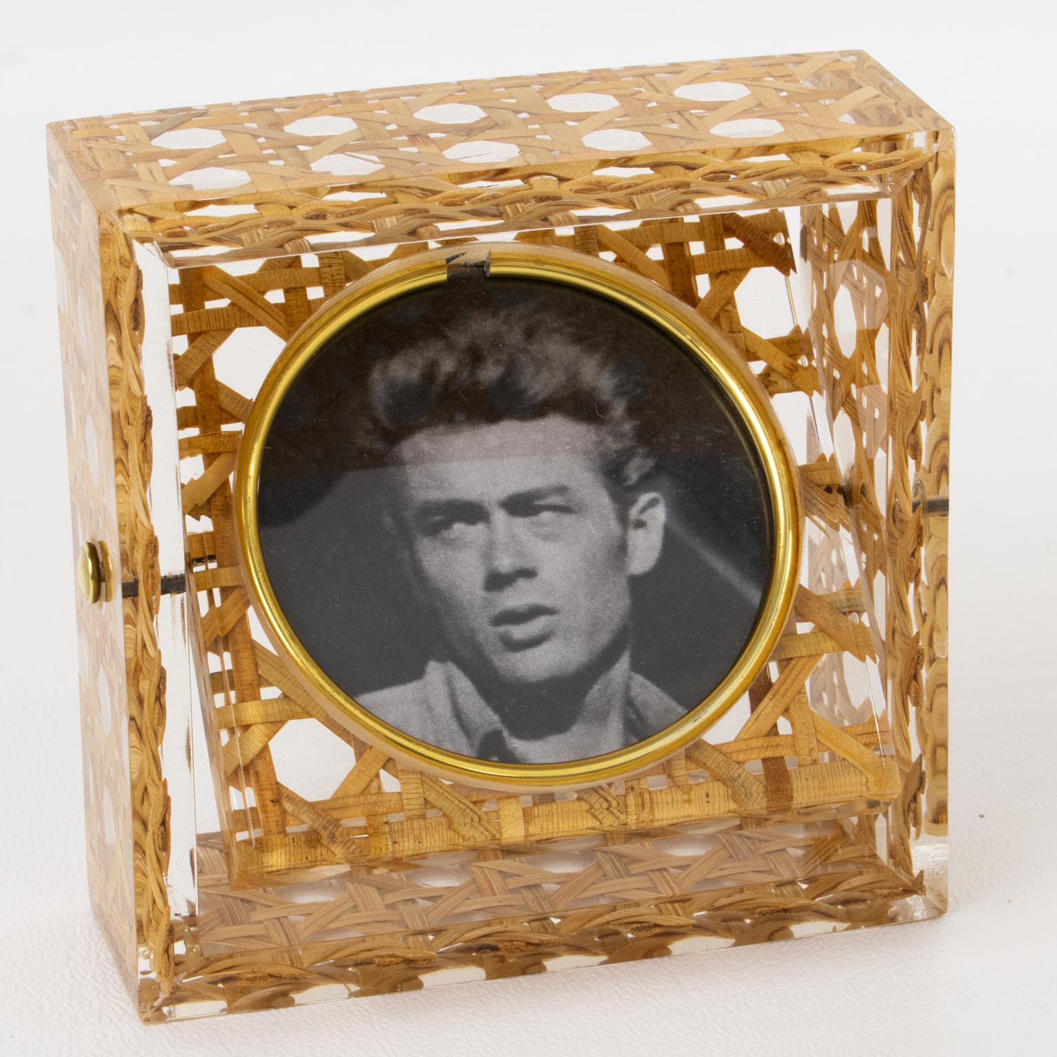 Late 20th Century Italian Mid-Century Brass, Lucite and Rattan Picture Frame