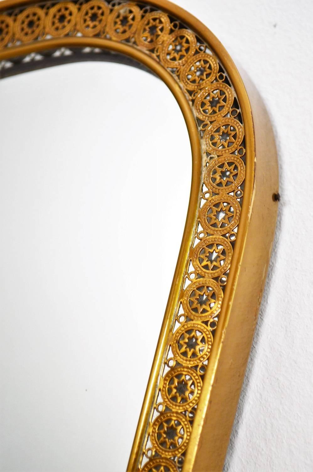 Mid-20th Century Italian Midcentury Brass Mirror with Decorations, 1950s