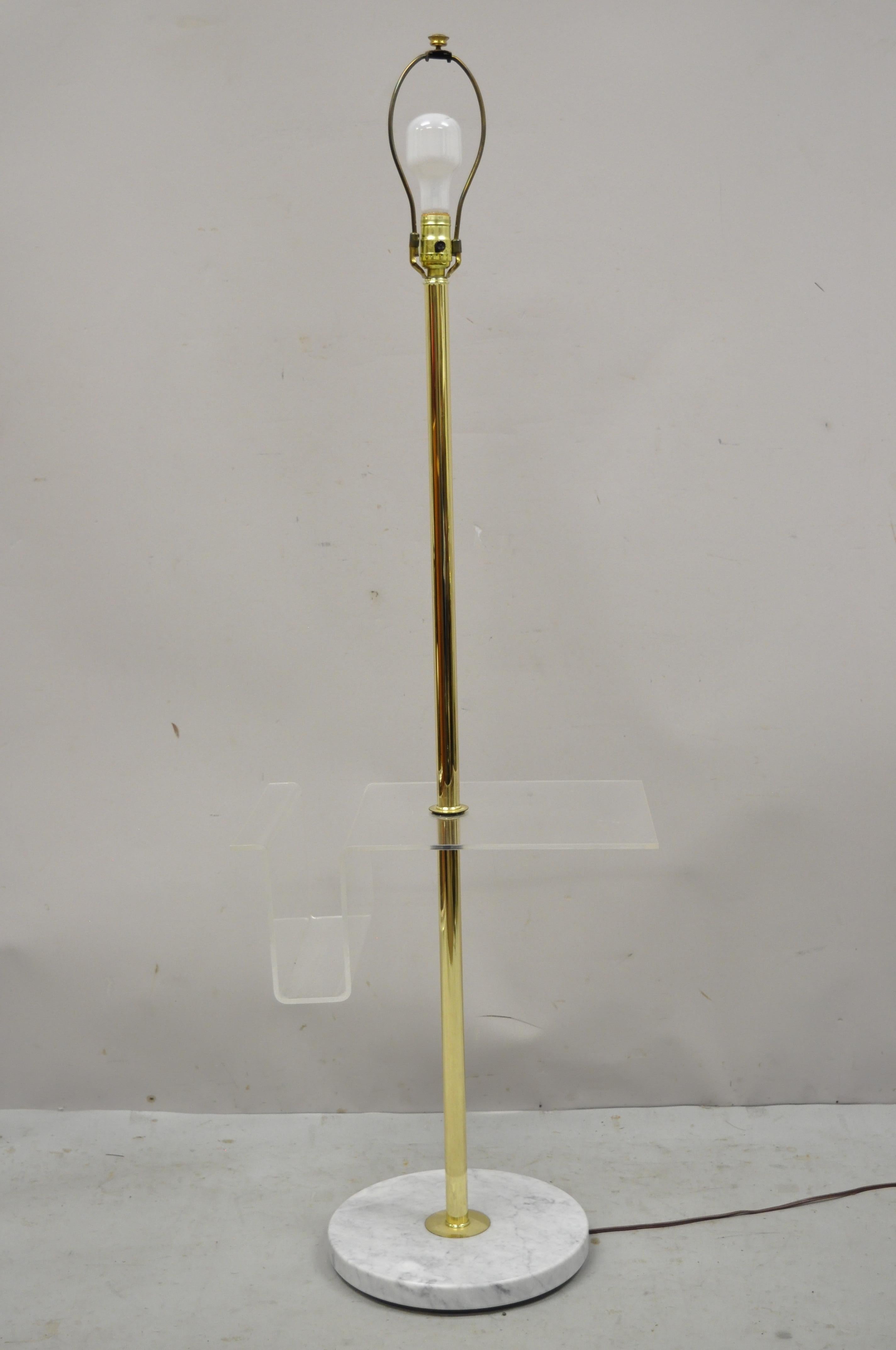 Italian Mid Century Brass Pole Floor Lamp with Marble Base Lucite Magazine Rack 2
