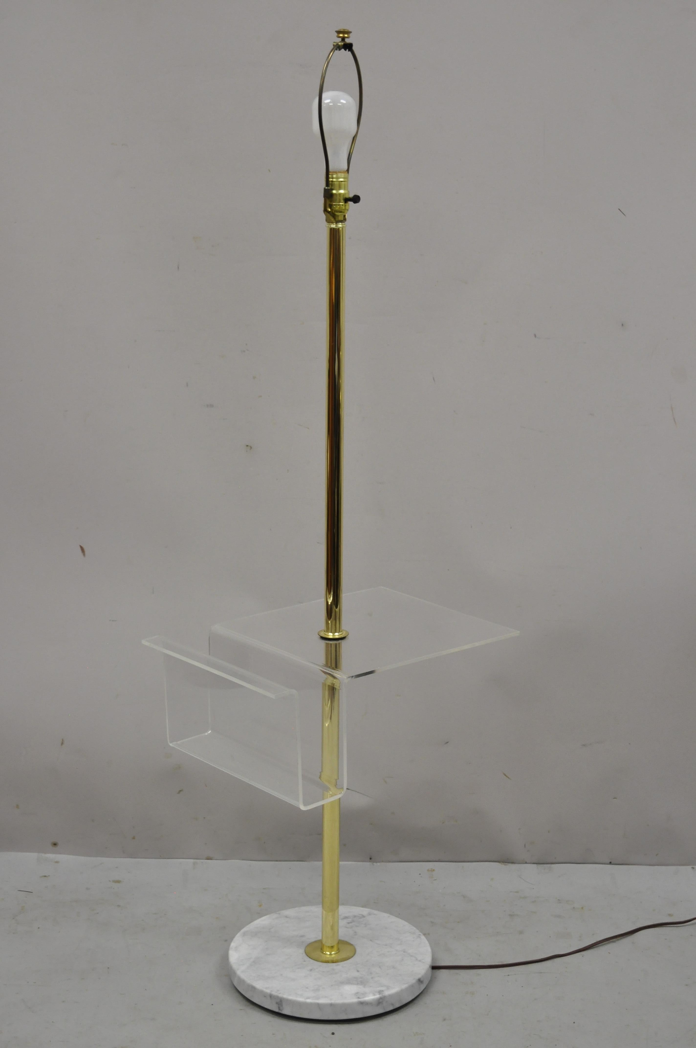 North American Italian Mid Century Brass Pole Floor Lamp with Marble Base Lucite Magazine Rack