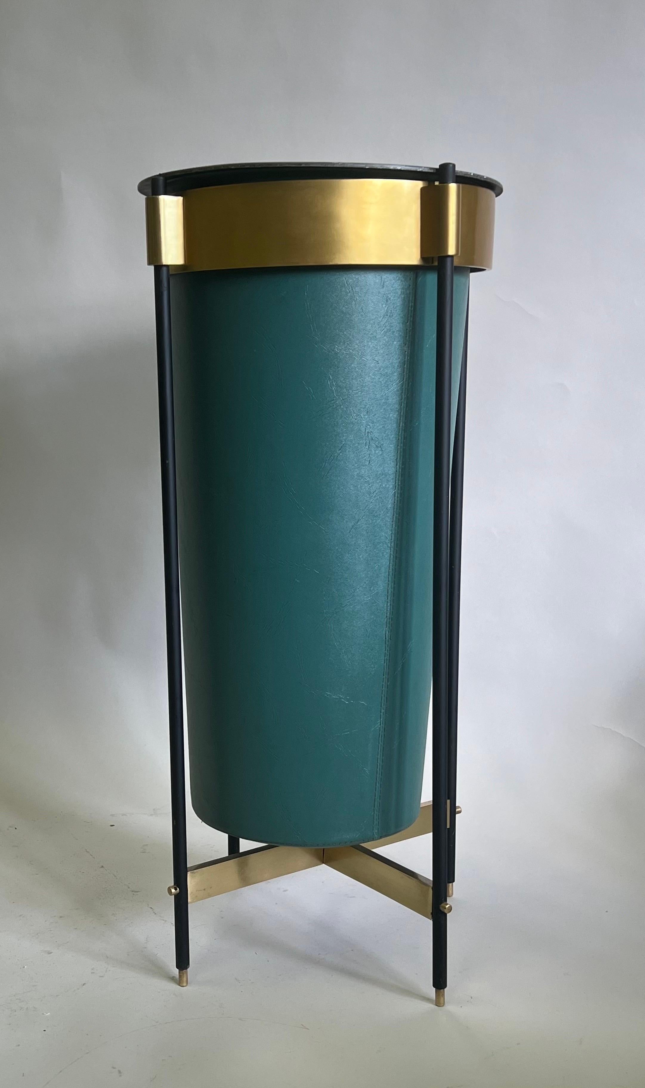 Italian Mid-Century Brass & Stitched Faux Leather Umbrella Stand or Trash Bin. For Sale 3