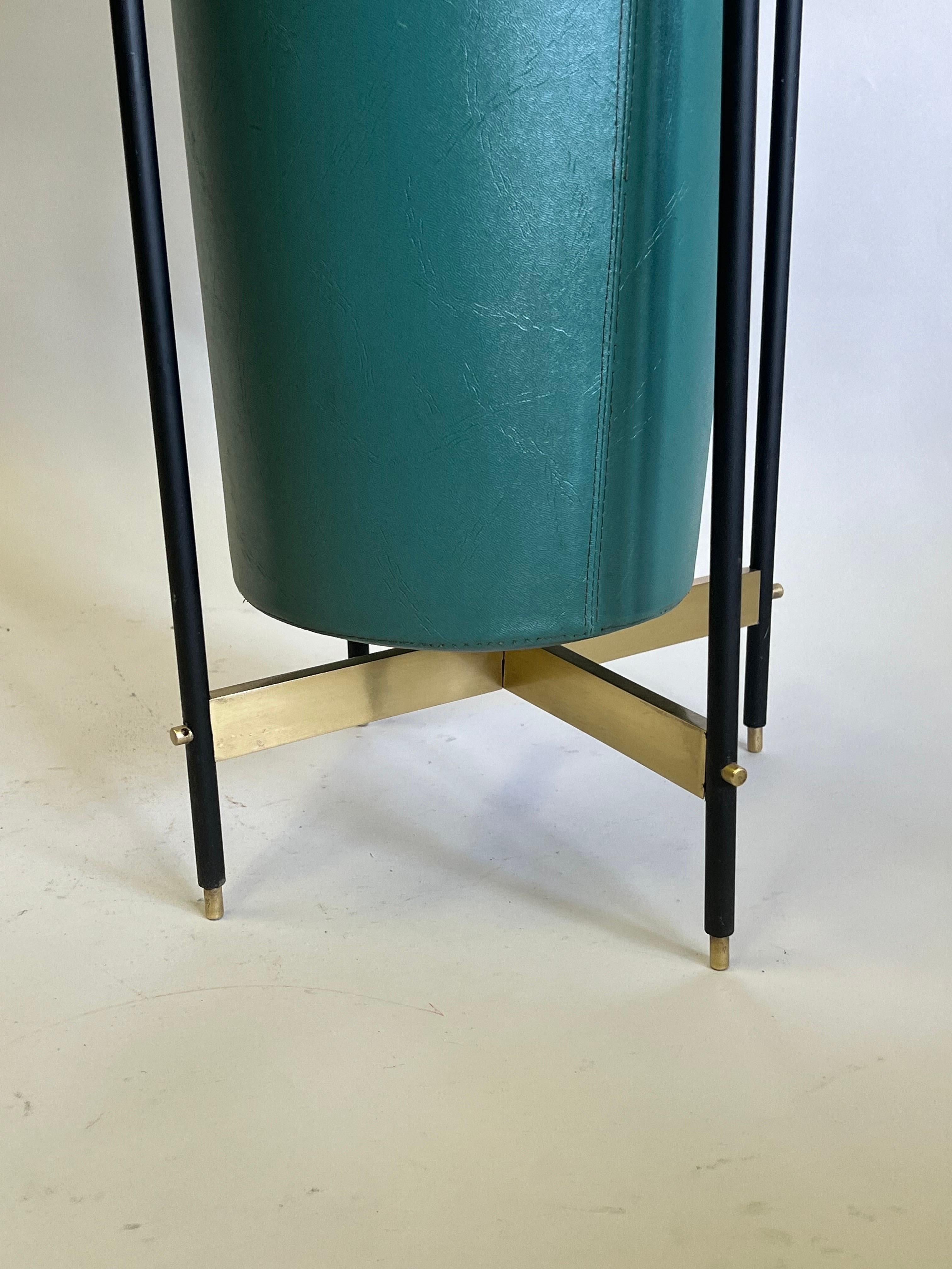 Italian Mid-Century Brass & Stitched Faux Leather Umbrella Stand or Trash Bin. For Sale 4