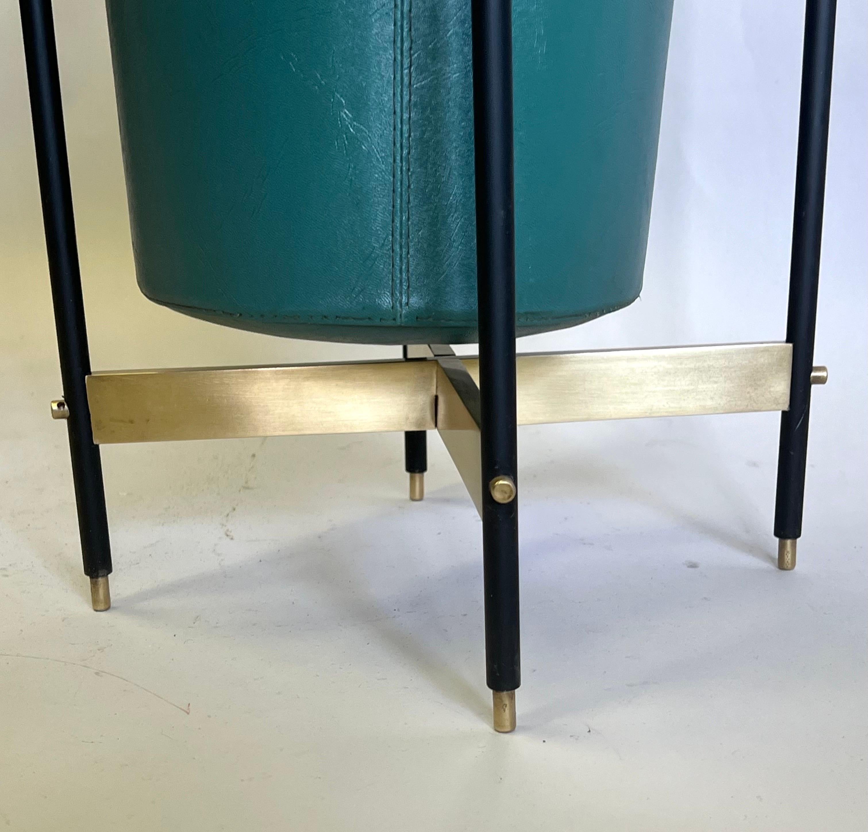 Italian Mid-Century Brass & Stitched Faux Leather Umbrella Stand or Trash Bin. For Sale 5