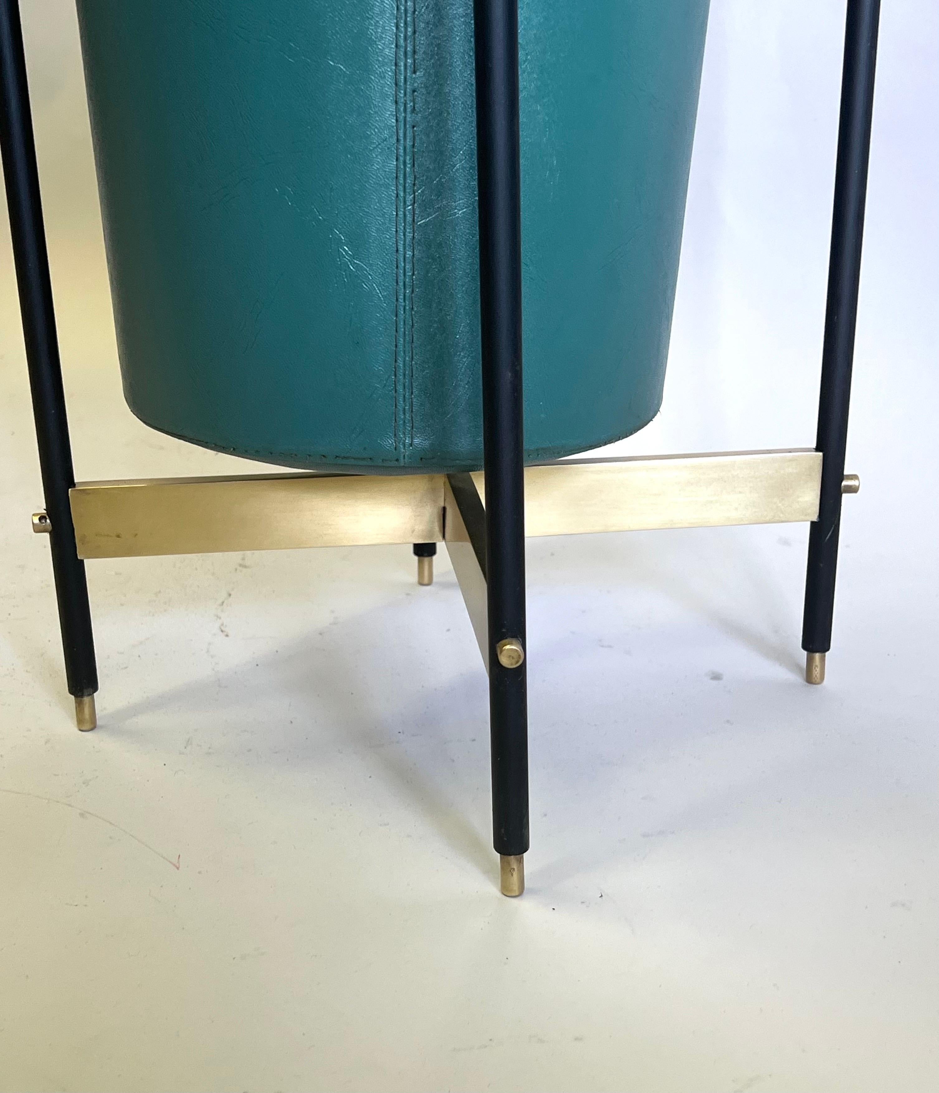 Italian Mid-Century Brass & Stitched Faux Leather Umbrella Stand or Trash Bin. For Sale 6