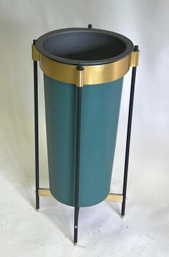 Italian Mid-Century Brass & Stitched Faux Leather Umbrella Stand or Trash Bin.