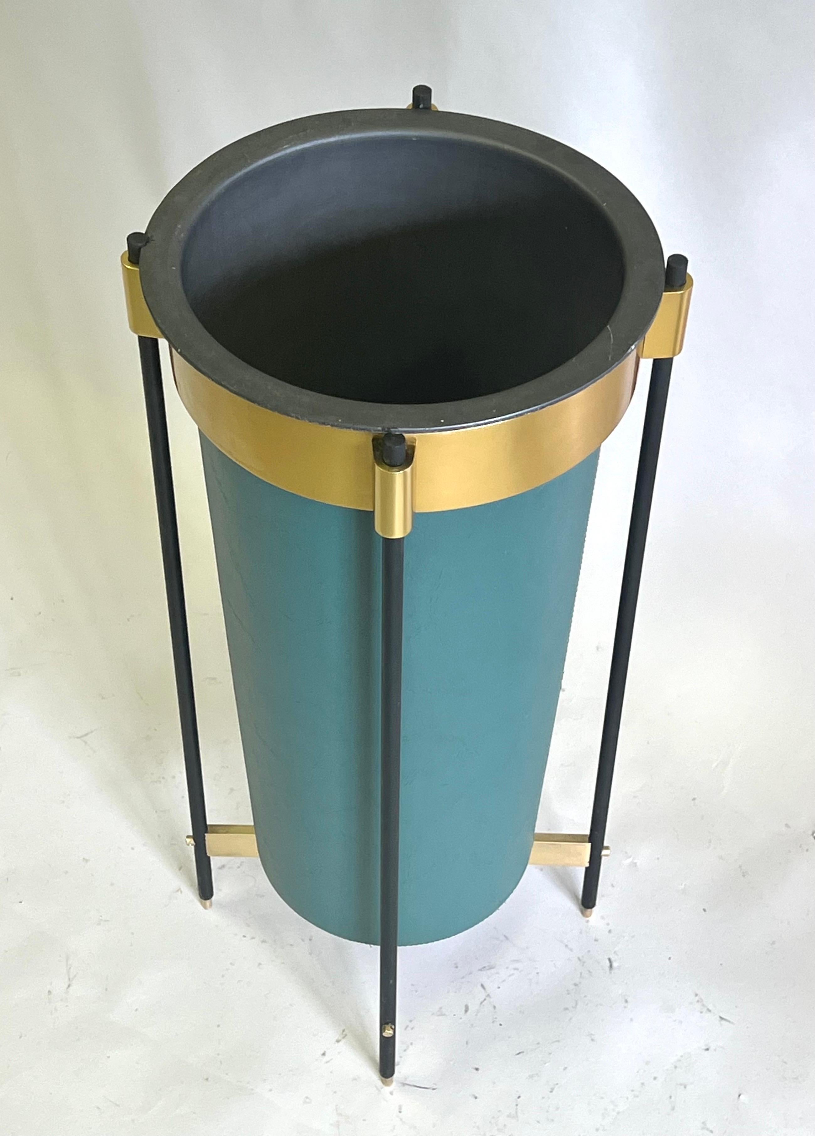 Mid-Century Modern Italian Mid-Century Brass & Stitched Faux Leather Umbrella Stand or Trash Bin. For Sale