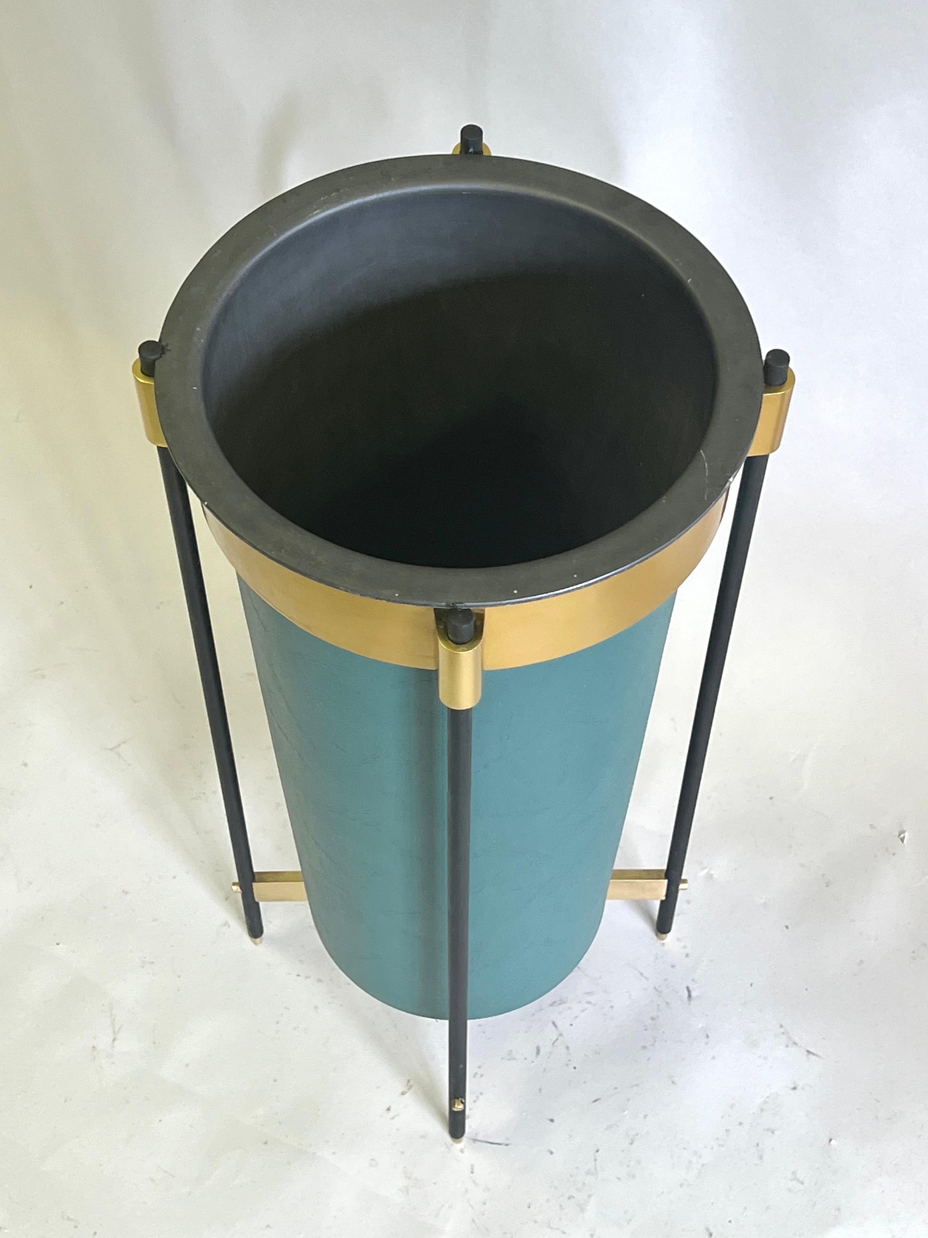Enameled Italian Mid-Century Brass & Stitched Faux Leather Umbrella Stand or Trash Bin. For Sale